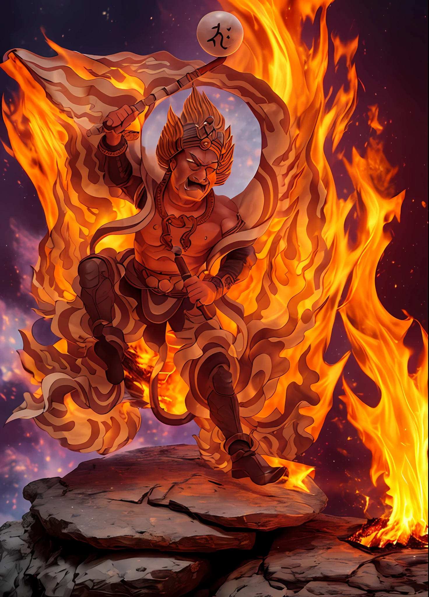 Tall and angry, Hercules King,Hold the single-stranded pestle,The body is huge,Hair stands on end,The whole body is on fire,One foot on a rock,In addition to the role, The picture is all fire,Flames fill the picture,The fire burst into the sky,extreme detailed details,(tmasterpiece), best qualtiy, 超高分辨率, closeup cleavage, Colorful firelight, photon maping, Radio City, physically-based renderingt, cinmatic lighting, 复杂, high detal, Sharp focus, dramatics, Photorealsitic