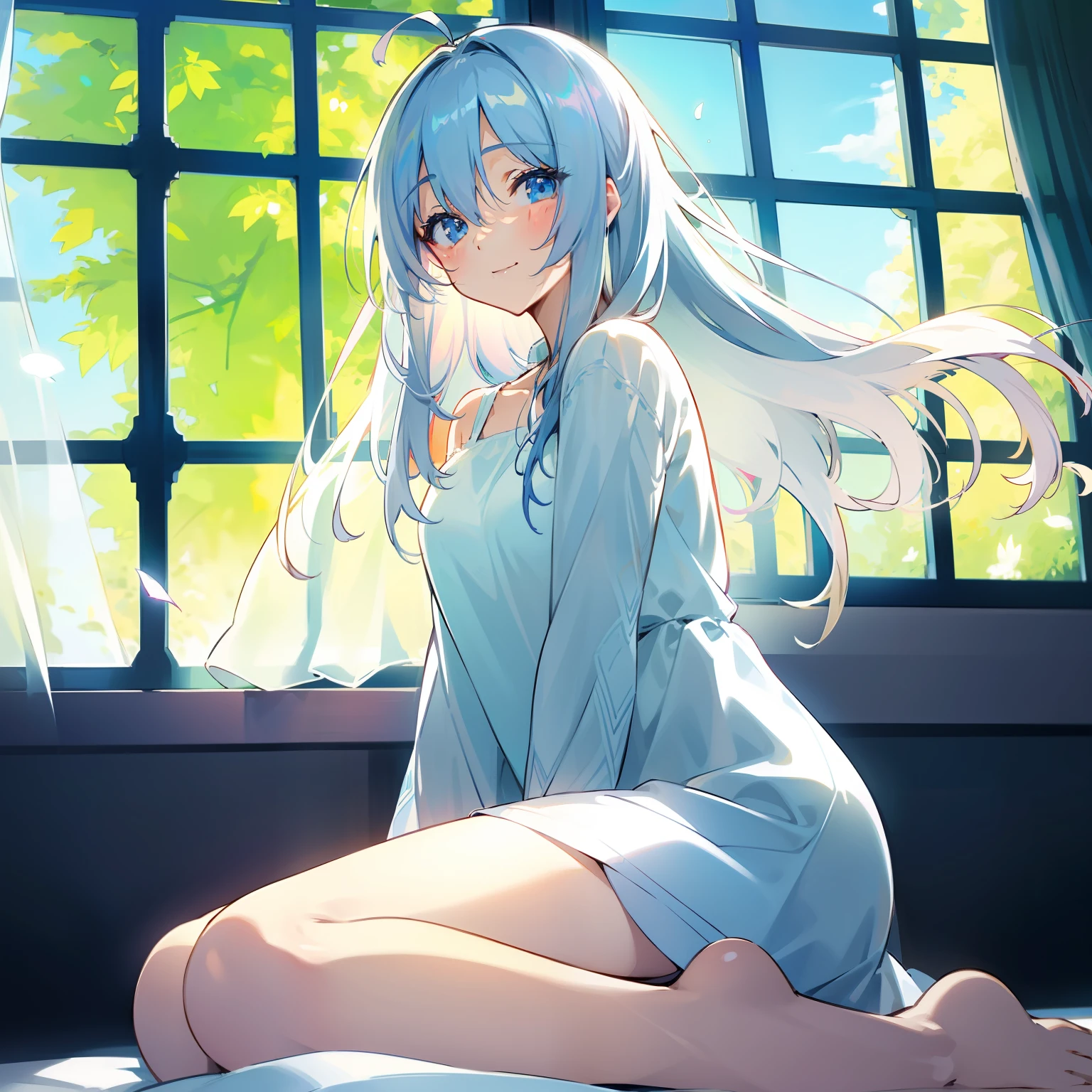 tmasterpiece，best qualtiy，Highly delicate，High resolution CG anime girl，whaite hair，blueneyes，ssmile，white dresses，Sit in front of the window，A gentle breeze，Blue curtain，The sun shines，Lush greenery