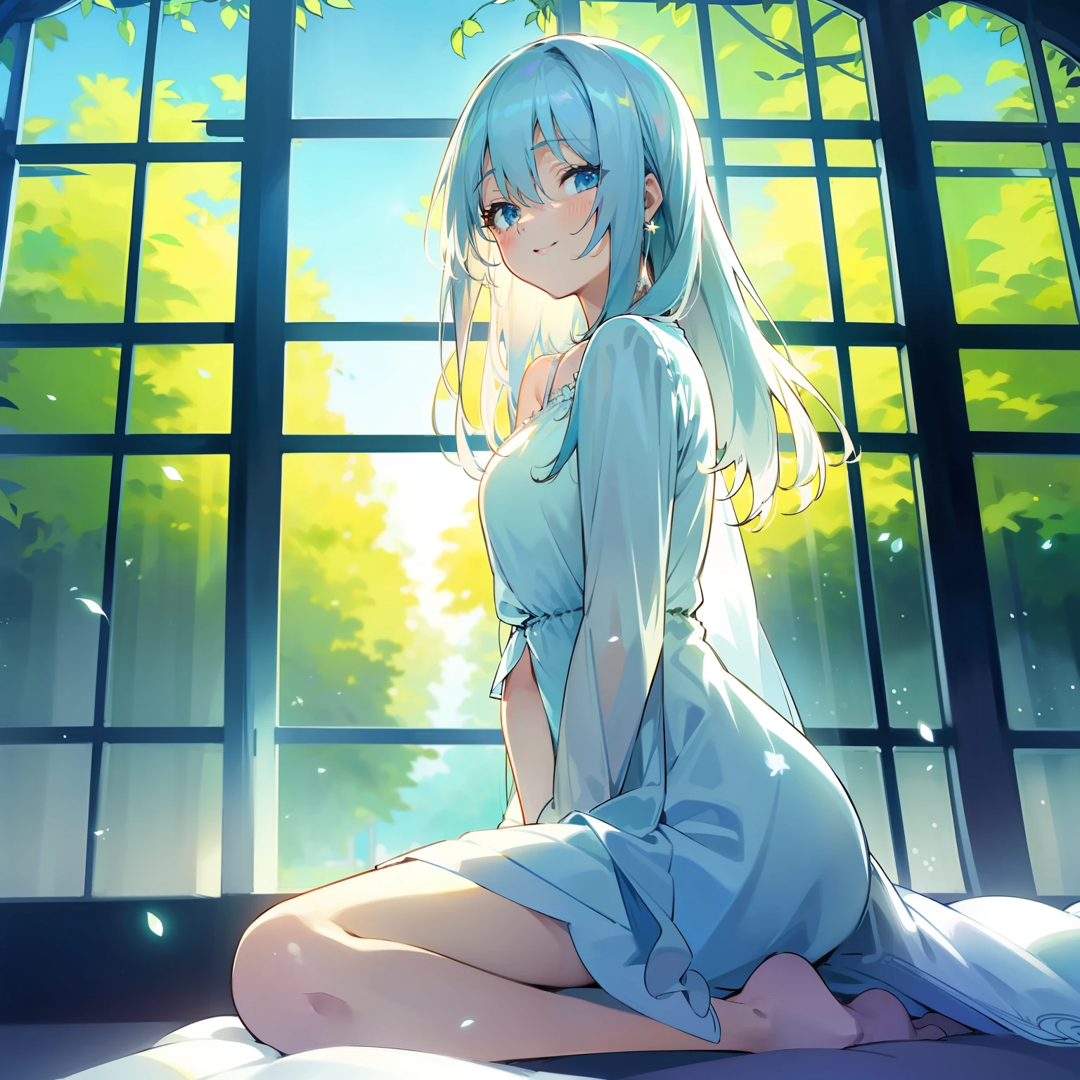 tmasterpiece,best qualtiy,Highly delicate,High resolution CG anime girl,whaite hair,blueneyes,ssmile,white dresses,Sit in front of the window,A gentle breeze,Blue curtain,The sun shines,Lush greenery