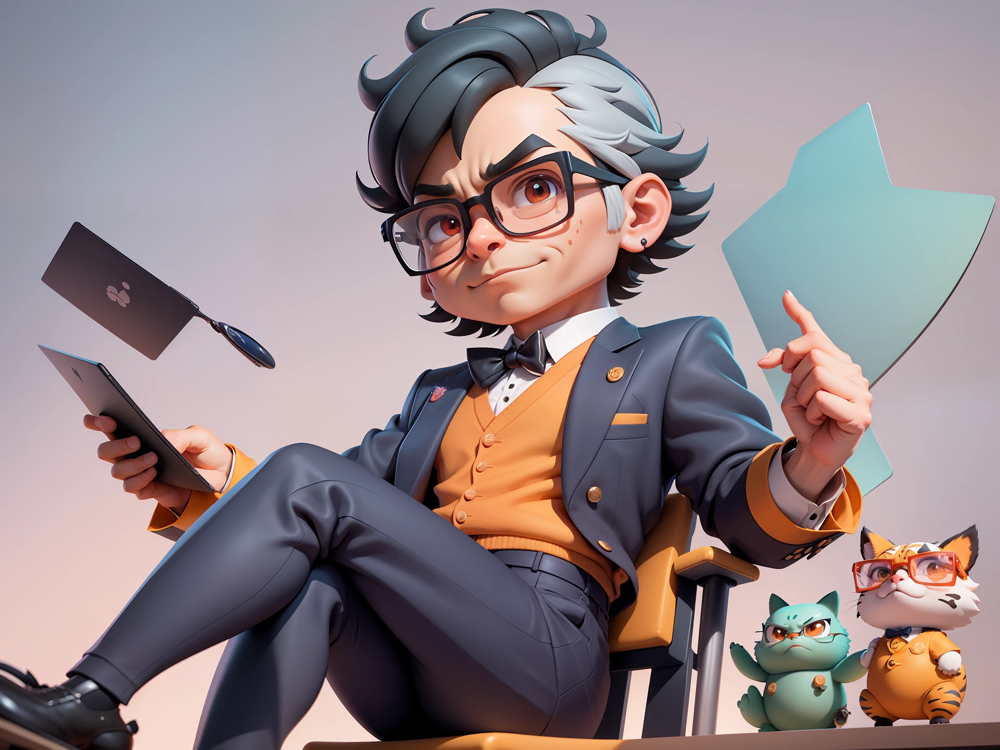 A young man in formal clothes，Short hair and glasses，Sitting at your desk，holding laptop，digitial painting，cartoonish style，4K HD illustration，Very detailed facial features，tigre，Mark Clairdon，by Pixar，3D character design：Hayao Miyazaki and Akira Toriyama, Cartoon-style visuals。