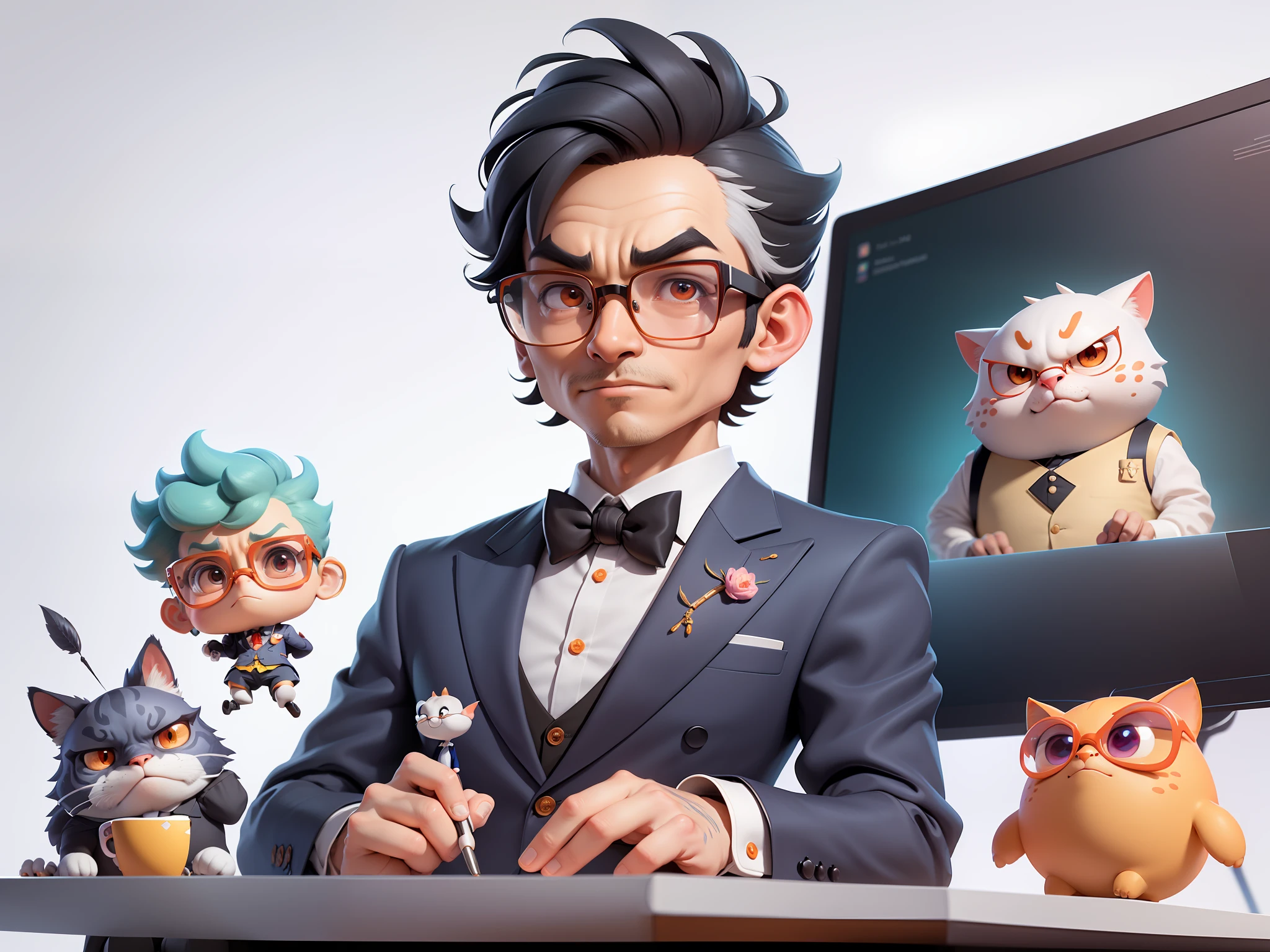 A young man in formal clothes,Short hair and glasses,Sitting at your desk,holding laptop,digitial painting,cartoonish style,4K HD illustration,Very detailed facial features,tigre,Mark Clairdon,by Pixar,3D character design:Hayao Miyazaki and Akira Toriyama, Cartoon-style visuals。