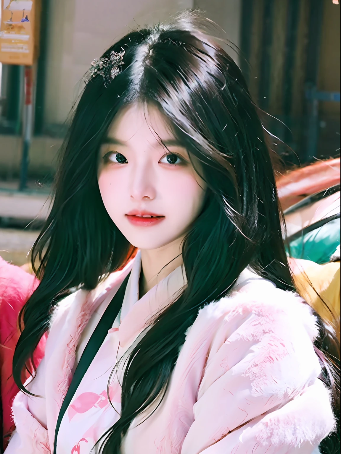 A girl with high-gloss skin and strong texture, close-up, black hair, fluffy hair, Hanfu, streamers, flowing ink, scattered energy, riding a Chinese dragon, background landscape waterfall, global illumination, rich details