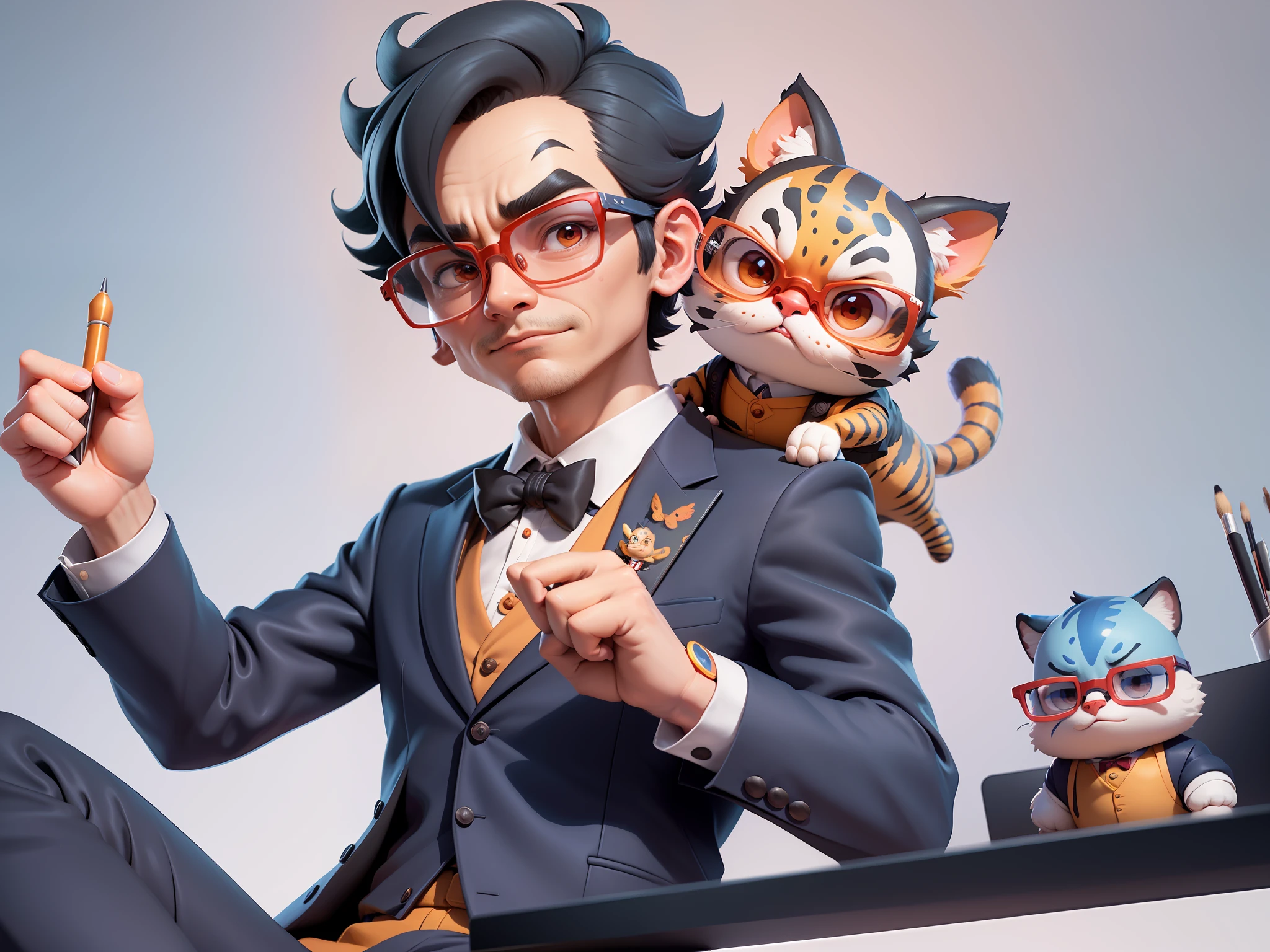 A young man in formal clothes，Short hair and glasses，Sitting at your desk，holding laptop，digitial painting，cartoonish style，4K HD illustration，Very detailed facial features，tigre，Mark Clairdon，by Pixar，3D character design：Hayao Miyazaki and Akira Toriyama, Cartoon-style visuals。