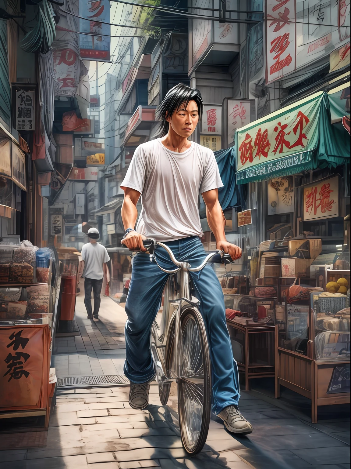 A cinematic photorealistic color digital painting waist of Kintaro Oe the wandering Learner of The Golden Boy anime wears white t-shirt, blu jeans trouser, retro Cyclying Eye glass, walks curiously att he Tokyo City Sidewalk, detailed face, insanely detailed and intricate, crisp sharp and clear, volumetric lighting, ultra-high resolution, masterpiece hyper realistic artwork of Tatsuya Egawa, Cinematographic scene by Hiromasa Ogura, centered, Professional color grading by Kenneth Hines Jr.