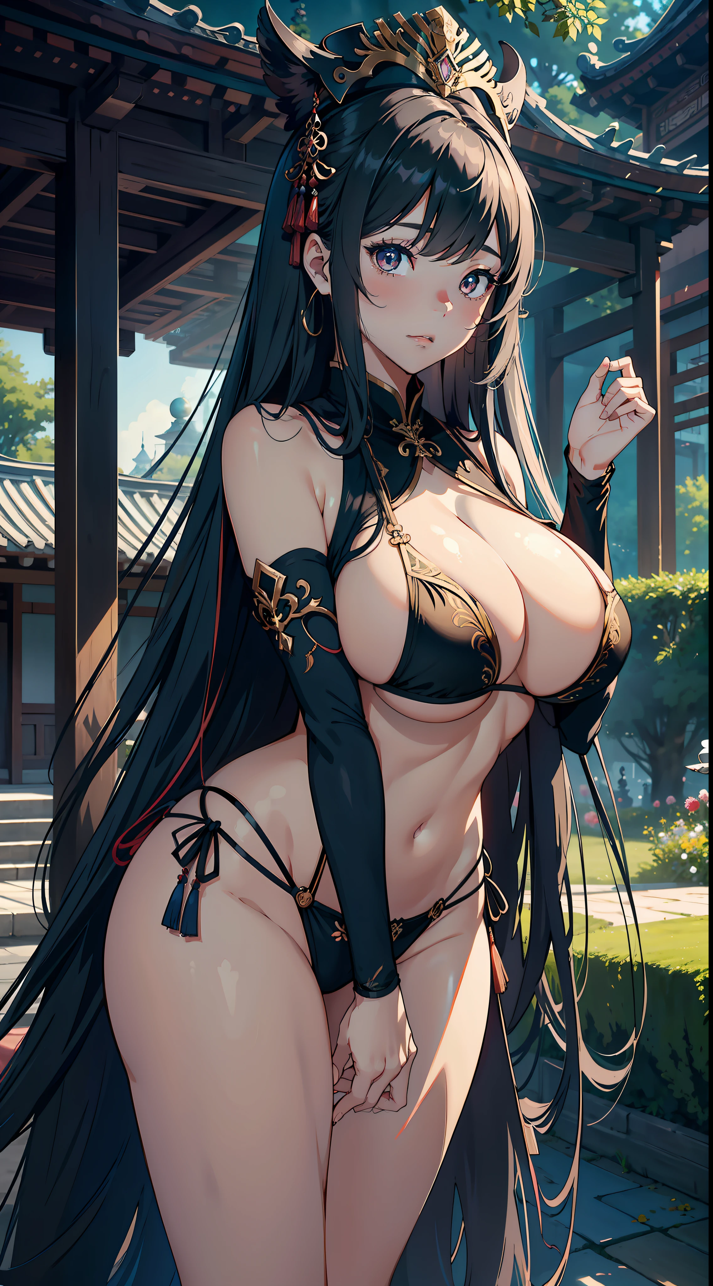 1female，aged 40，Huge breasts， 独奏， head gear， China Princess， trpical garden，palaces， Skysky，the night，  She has long flowing hair， exposed bare shoulders， standing on your feet，Bigchest， From the front side， hair straight， mostly cloudy sky，（（（tmasterpiece），（Very detailed CG unity 8K wallpaper），best qualtiy，，独奏，1girll，cinmatic lighting，detailed back ground，beatiful detailed eyes，Bright pupils，（Very fine and beautiful），（Beautiful and detailed eye description），ultra - detailed，tmasterpiece，）），facing at camera，absurderes，A high resolution，ultra - detailed），mature，Very long hair，legs are open，Emotive expressions，Open-mouthed，，extremely large bosom，Colorful，Most detailed，fully body photo，The face is well lit