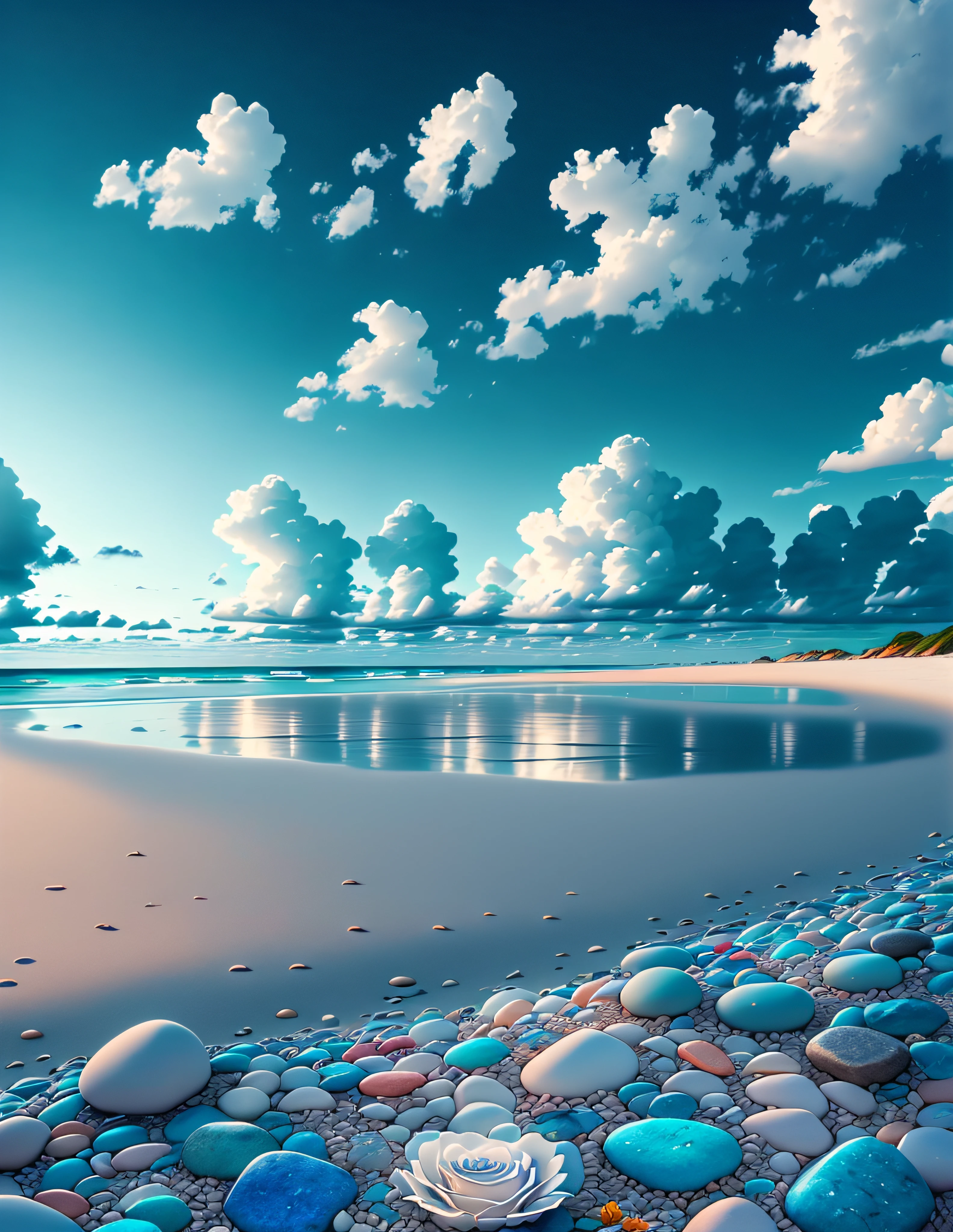 Exquisite scenes，depth of fields，8K，Blue sky，White clouds，The sun shines on the beach，There are many small colorful stones on the beach，Rose flower，