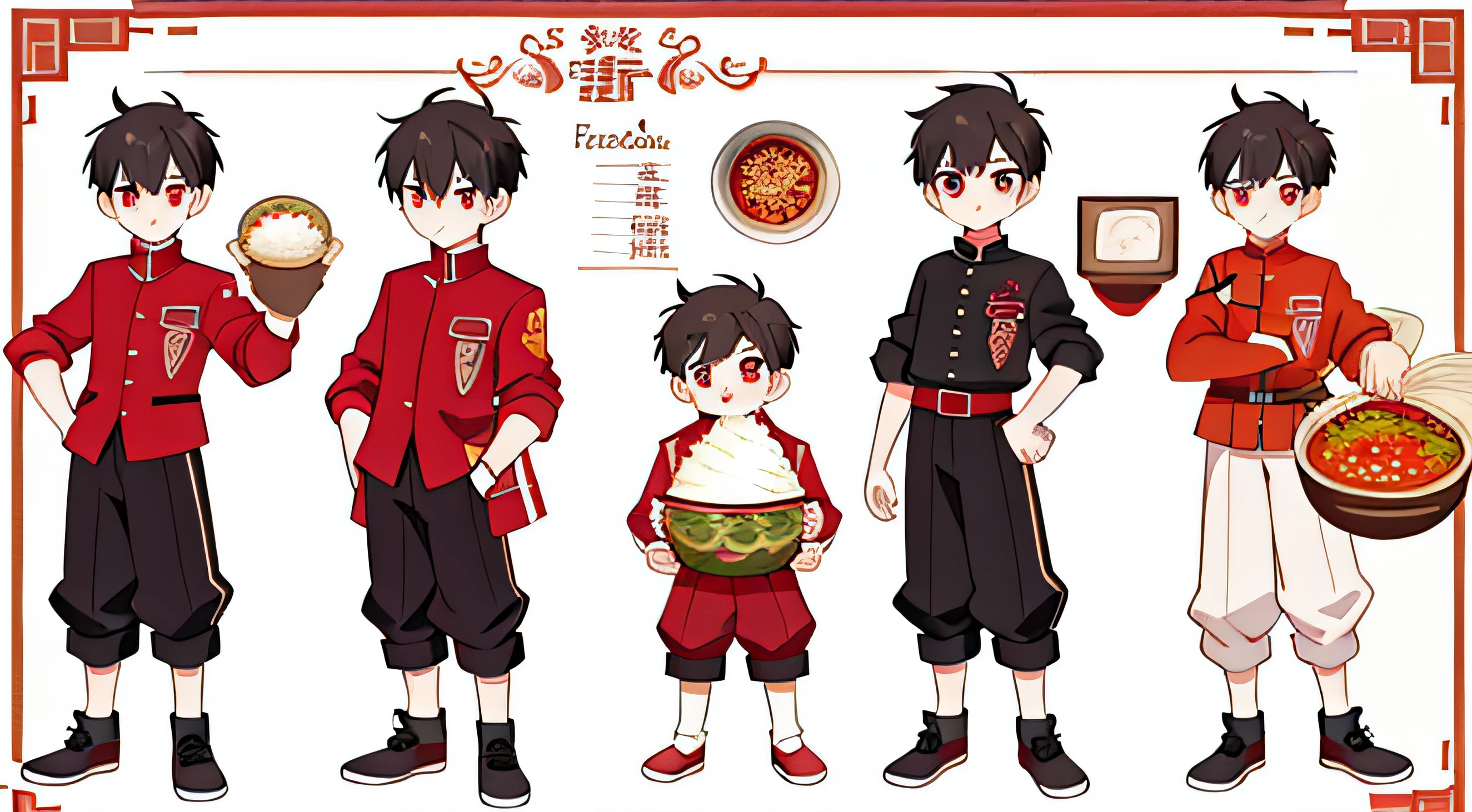 Reference table for cute boys，with short black hair，red color eyes，ssmile，red blous，The jacket is decorated with a rice flour pattern，long trousers，详细的脸，detailed hairs，Eat rice noodles，chili pepper，Rice noodle image IP，concept-art，concept art of character，Character sketches，reference sheet，Role table