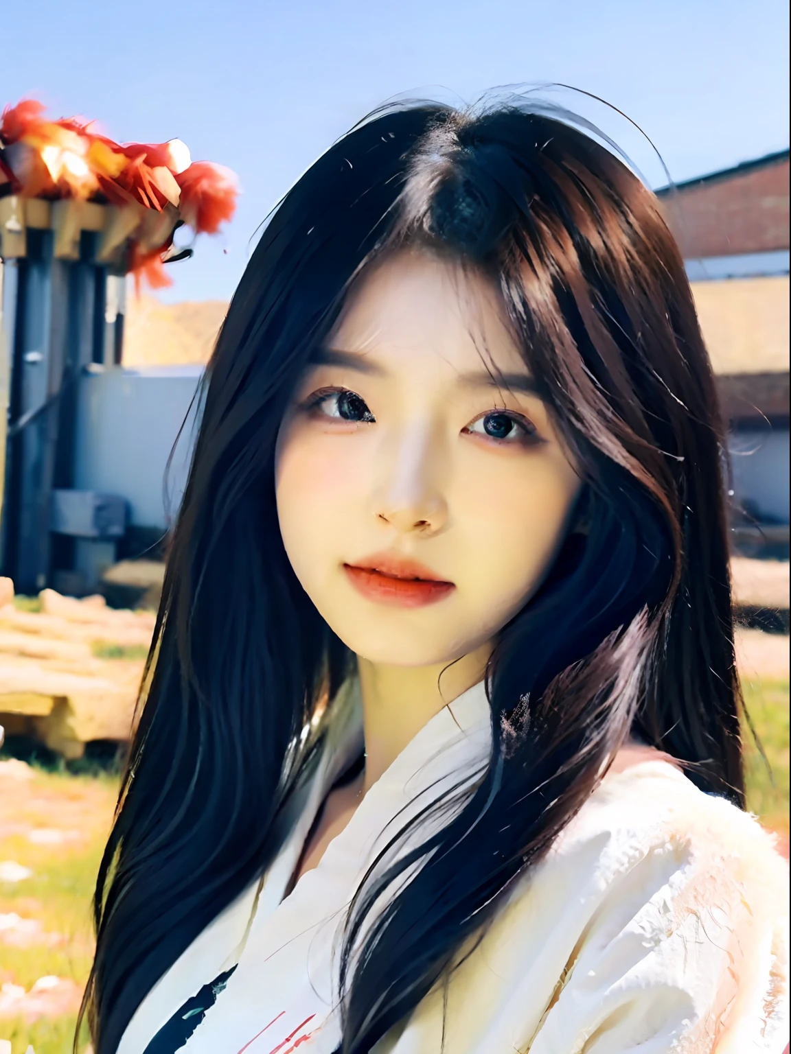 A girl with high-gloss skin and strong texture, close-up, black hair, fluffy hair, Hanfu, streamers, flowing ink, scattered energy, riding a Chinese dragon, background landscape waterfall, global illumination, rich details