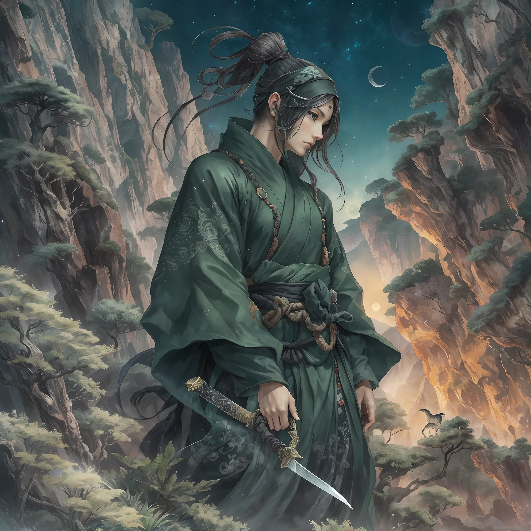 mystic ninja，Detailed face，Detailed eyes，Clear eyes，Gui Zen，Exotic beasts of mountains and seas，Dark green and black details, Loose and thick clothing covers the body，standing on cliff，Bask in the luxury of Yoshitaka Amano in the moonlight，fanciful，sci-fy，the complex background（full bodyesbian），((dynamicposes))，Colorful wallpapers，Highly detailed，Masterpiece，best qualtiy，art  stations