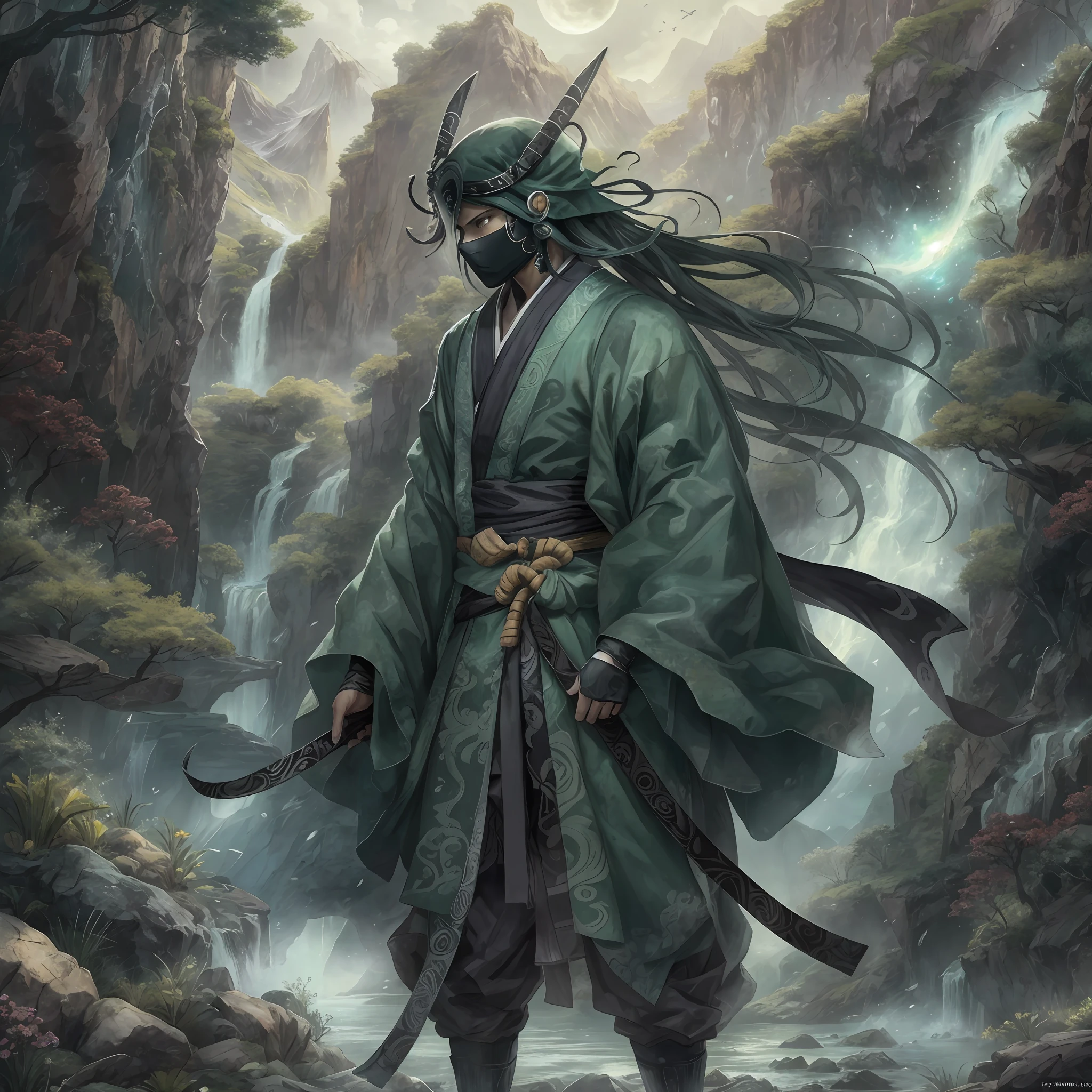 mystic ninja，Detailed face，Detailed eyes，Clear eyes，Gui Zen，Exotic beasts of mountains and seas，Dark green and black details, Loose and thick clothing covers the body，standing on cliff，Bask in the luxury of Yoshitaka Amano in the moonlight，fanciful，sci-fy，the complex background（full bodyesbian），((dynamicposes))，Colorful wallpapers，Highly detailed，Masterpiece，best qualtiy，art  stations