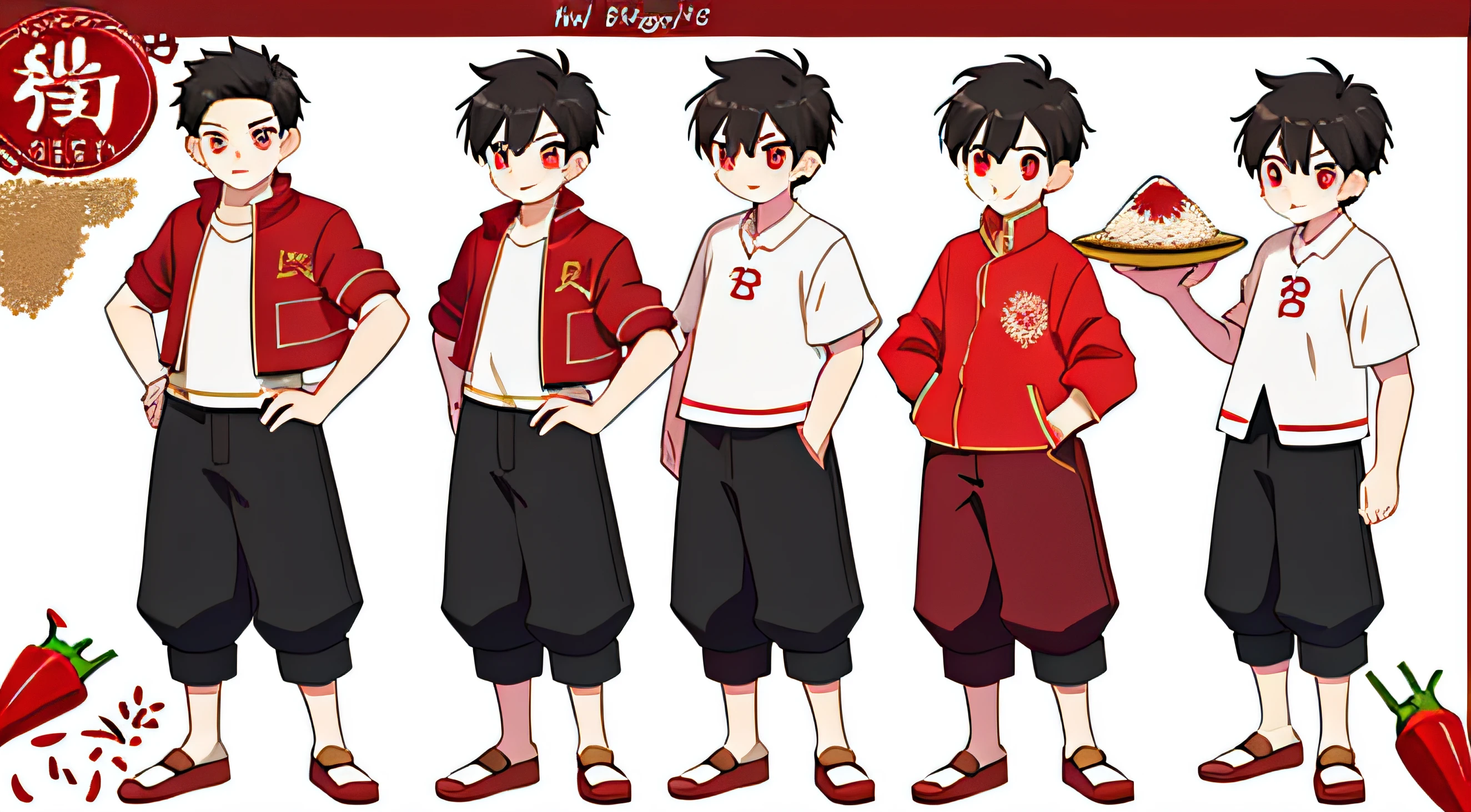 Reference table for cute boys,with short black hair,red color eyes,ssmile,red blous,The jacket is decorated with a rice flour pattern,long trousers,详细的脸,detailed hairs,Eat rice noodles,chili pepper,Rice noodle image IP,concept-art,concept art of character,Character sketches,reference sheet,Role table