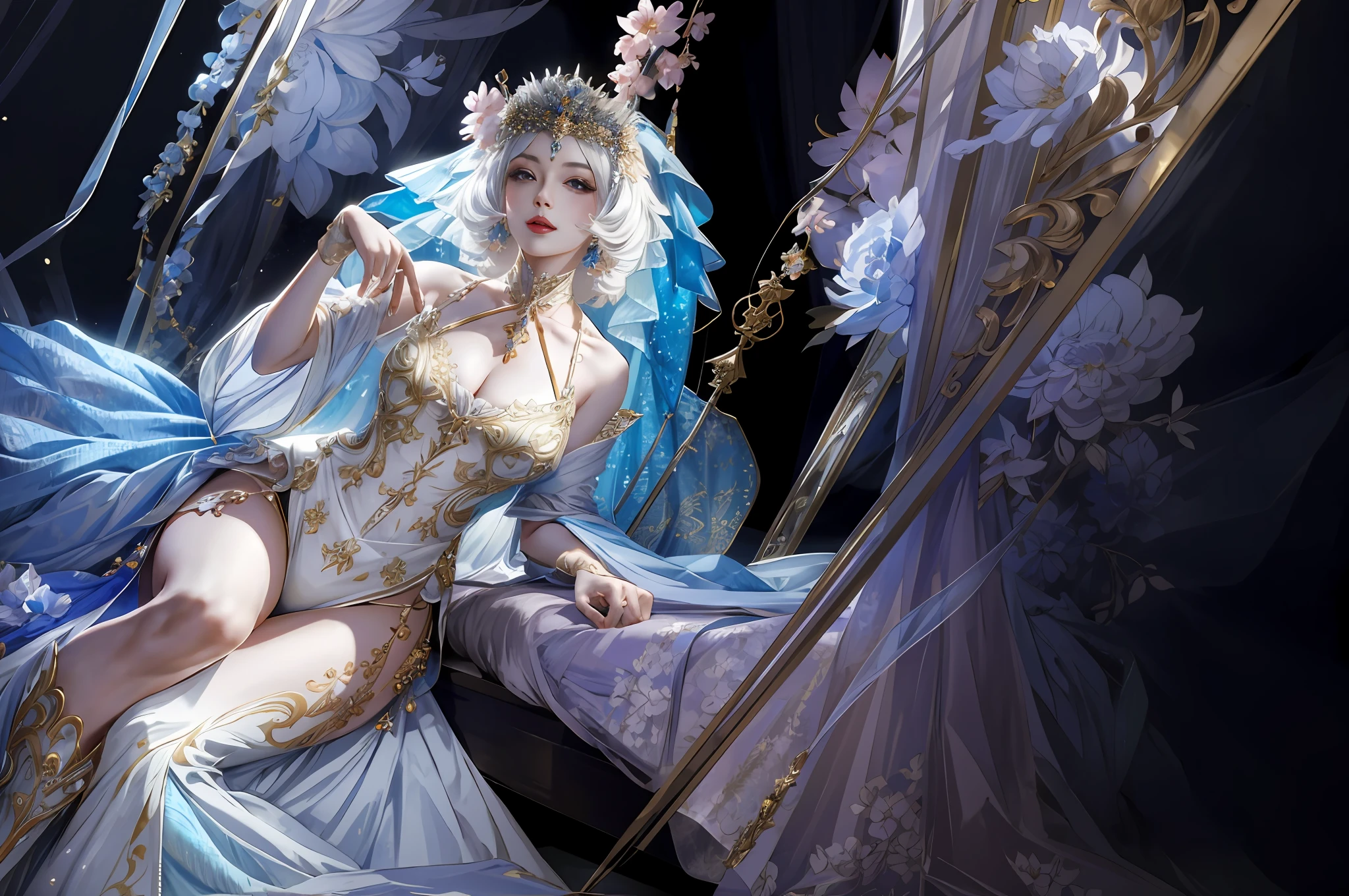 offcial art,Extremely detailed,there is a woman in a costume sitting on a bed, Gorgeous Role Play, glamourous cosplay, elegant glamourous cosplay, From Lineage 2, ((a beautiful fantasy empress)), Anime goddess, ahegao, extremely detailed goddess shot, cosplay, fantasy photoshoot, WLOP and Sakimichan, cosplay foto,sakura flowers falling,