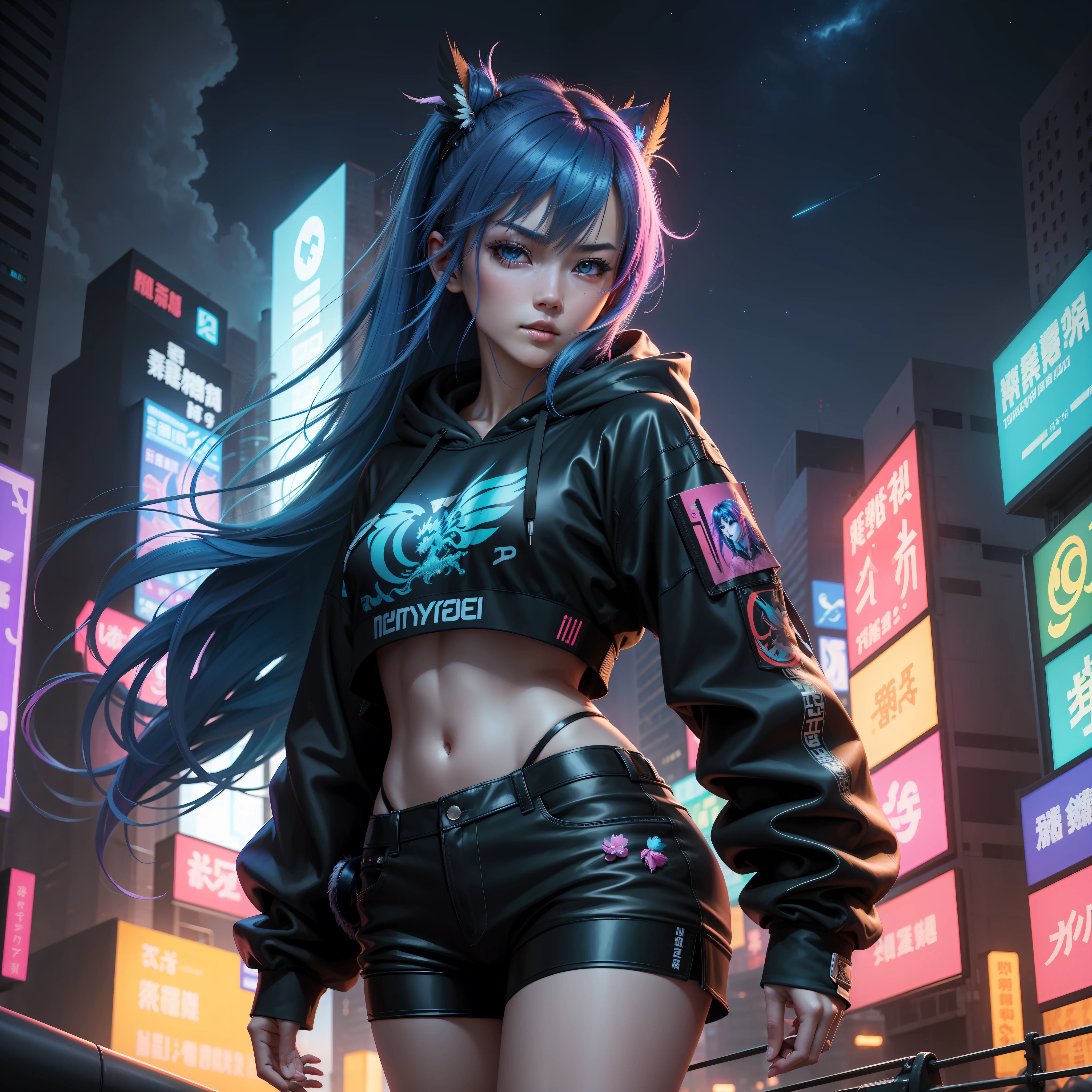 (Masterpiece), Best quality, 超高分辨率,cool guy, cyberpunk 1girl flying above stunning cityscape ,Hoodie,Blue hair,  neon color shooting stars, Very long hair, cropped shoulders, feathers hair ornament, Neon colors, twinkle, stunning night sky, Cinematic lighting, Photorealistic, Realistic skin, hdr,fish eye