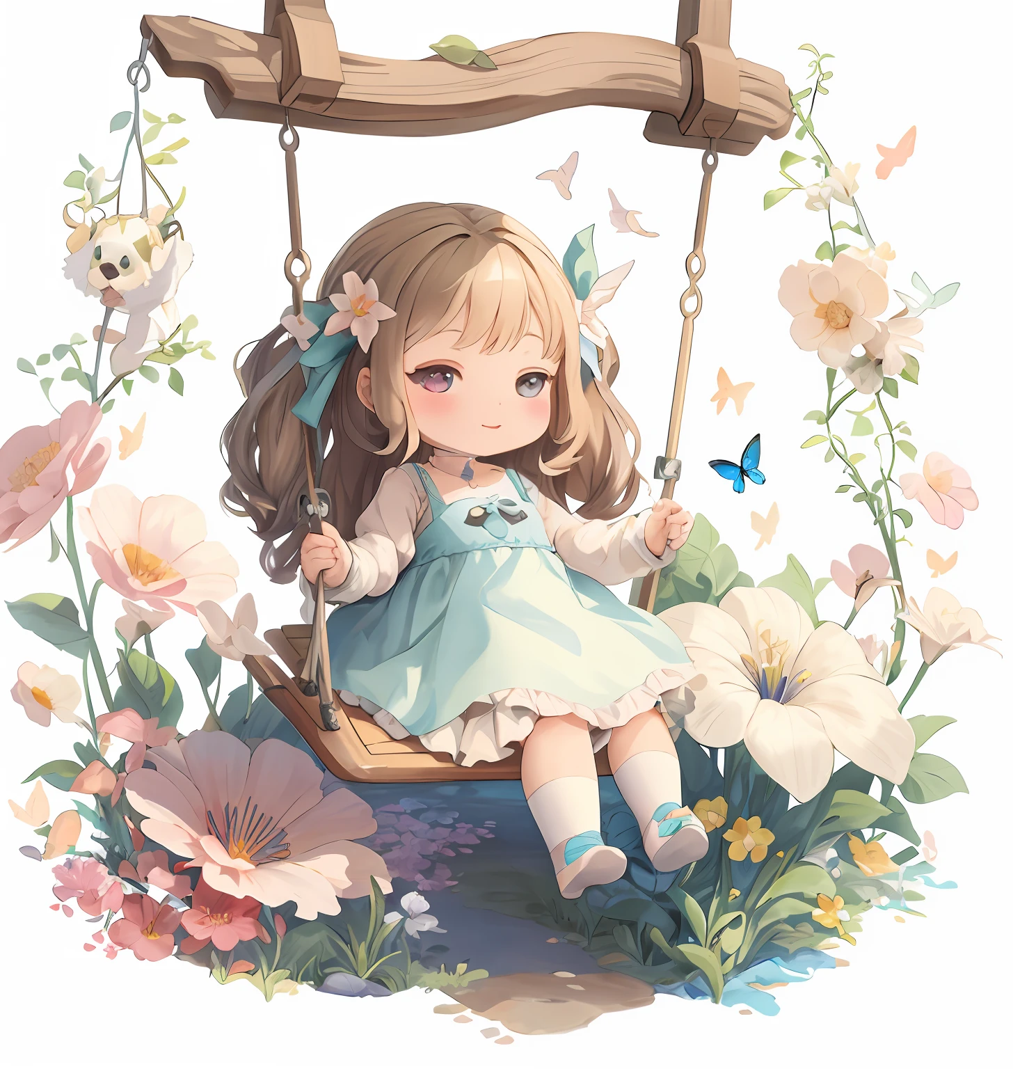 There is a girl sitting on a swing with flowers and butterflies, arte digital detalhada bonito, bela arte digital, kawaii bonito, cute illustration, Belo estilo de arte, render de abril, a beautiful artwork illustration, painting digital adorable, menina, arte fofa, menina chibily and cute, menina Bom anime, retrato realista, arte detalhada bonito, Bom anime