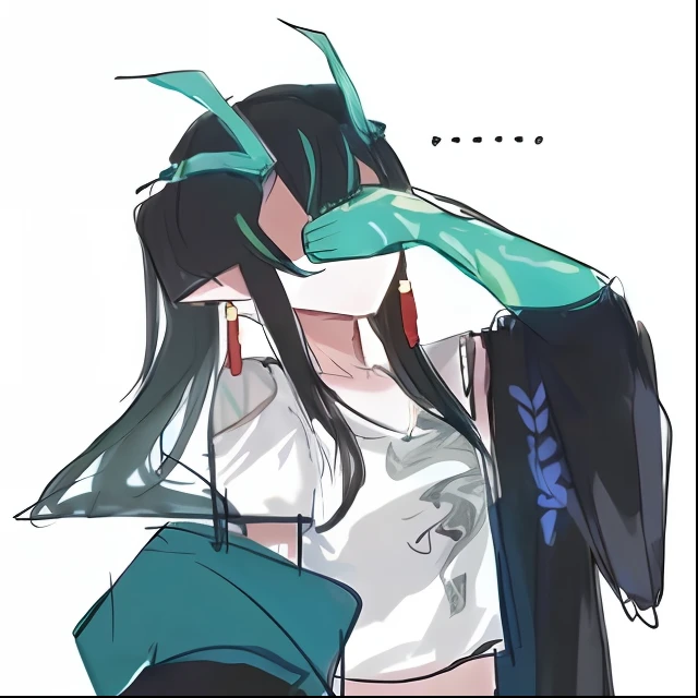 Anime girl with long black hair and green gloves holding purse, but the armor covers her face, Akali, 2 d anime style, saints ( valorant ), Keqing from Genshin Impact, with index finger, Irelia, From Arknights, High Quality Anime Art Style, in an anime style, 2022 anime style,Ark of tomorrow,evening