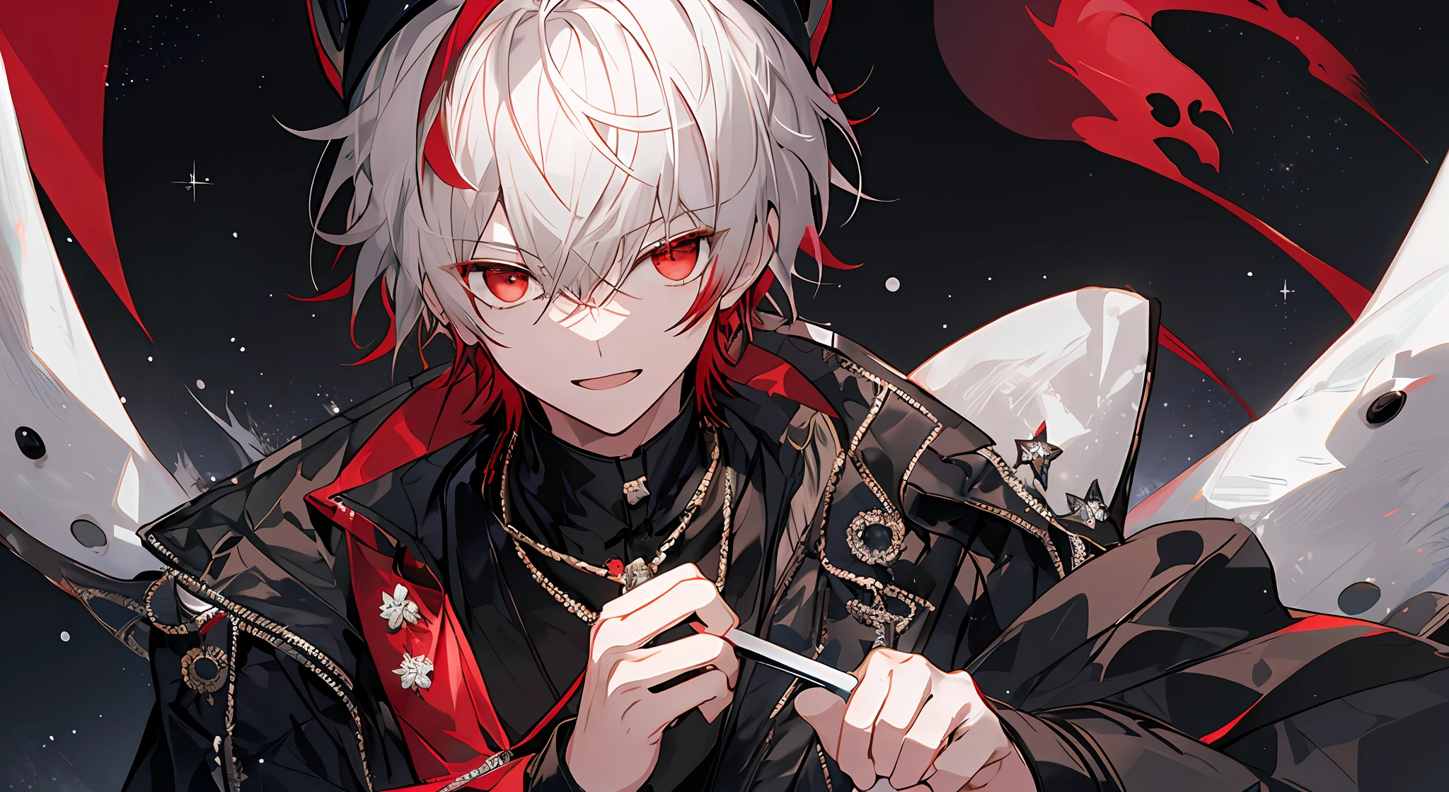 1boy，solo person，Ultra shorts，White color hair，red color eyes，short detailed hair，younge boy, The upper part of the body，closeup cleavage ,shoun，starrysky，ssmile，Red and black scarf，Black and white kimono，Wear a mask on your head，red fox，orthofacial，snowflower