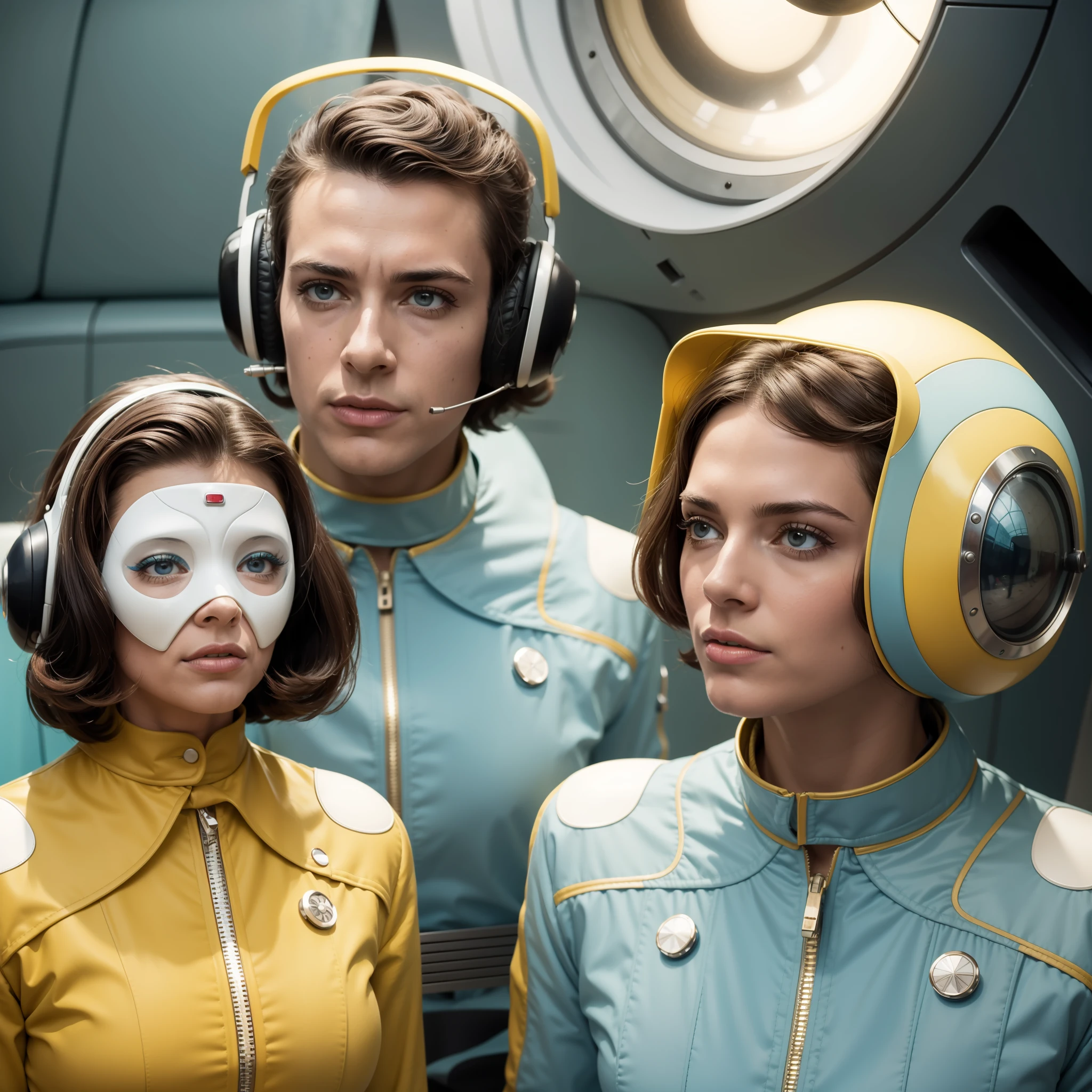 4k image from a 1960s science fiction film by Michel Gondry, Filme O Grande Hotel Budapeste, pastels colors, A man and a woman wearing retrofuturistic alien masks and holding colorful suitcases and chests on the bus, Retro-futuristic fashion clothes from the 60s with old robots, Luz Natural, Psicodelia, futurista estranho, retro-futurista, photo-realistic, Sharp background details.