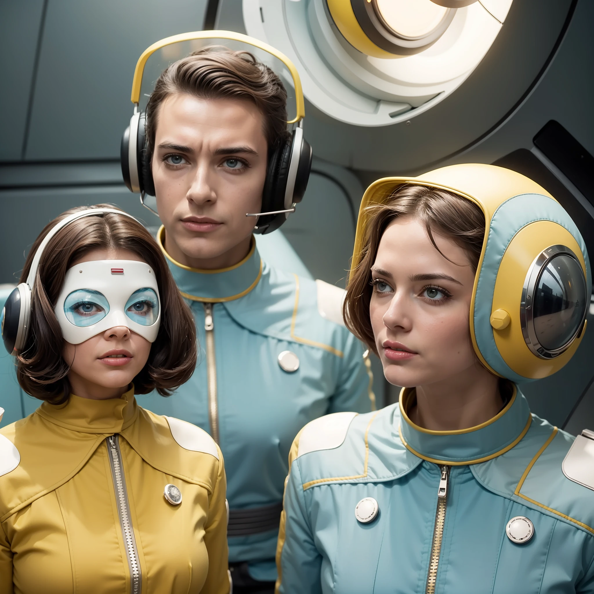 4k image from a 1960s science fiction film by Michel Gondry, Filme O Grande Hotel Budapeste, pastels colors, A man and a woman wearing retrofuturistic alien masks and holding colorful suitcases and chests on the bus, Retro-futuristic fashion clothes from the 60s with old robots, Luz Natural, Psicodelia, futurista estranho, retro-futurista, photo-realistic, Sharp background details.