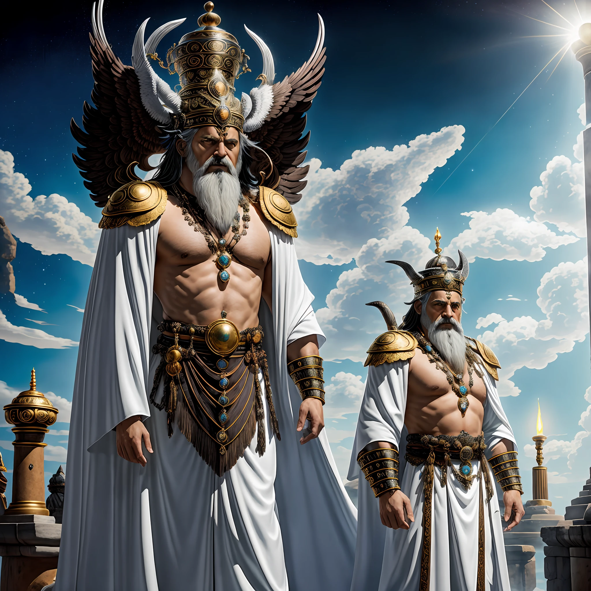 In the divine pantheon of Aethoria, there is a supreme god of creation called Odaláxal. It is a fusion of the characteristics of Oxalá and Odin, embodying their divine qualities and powers into a single celestial being.
Odaláxal is represented as an elderly god, wise and benevolent, com longas barbas brancas e olhos que brilham com sabedoria. He possesses an imposing presence, dressed in a white robe that symbolizes purity and a blue robe that represents the vastness of the heavens.