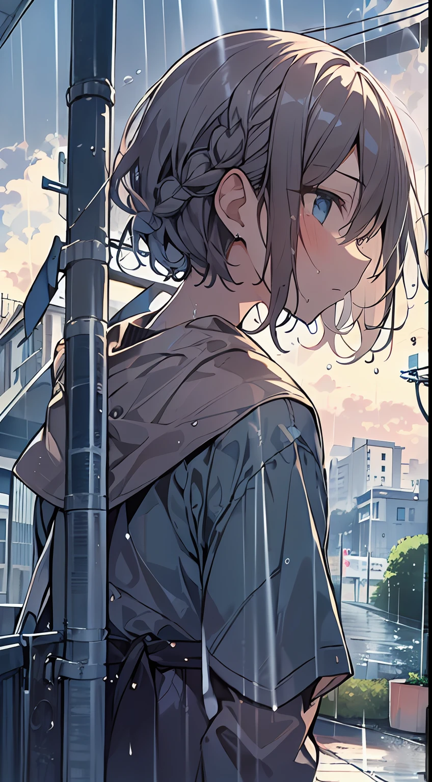 masutepiece, Best Quality,Illustration, Wallpaper, Ultra Detail, absurderes, 1girl in, Solo, (Medium short hair、short braided hair), Beautiful detailed eyes, rainfall、water dripping、wetting hair , Looking to the side, (Street:1.5), Cloudy sky、Bright scenery