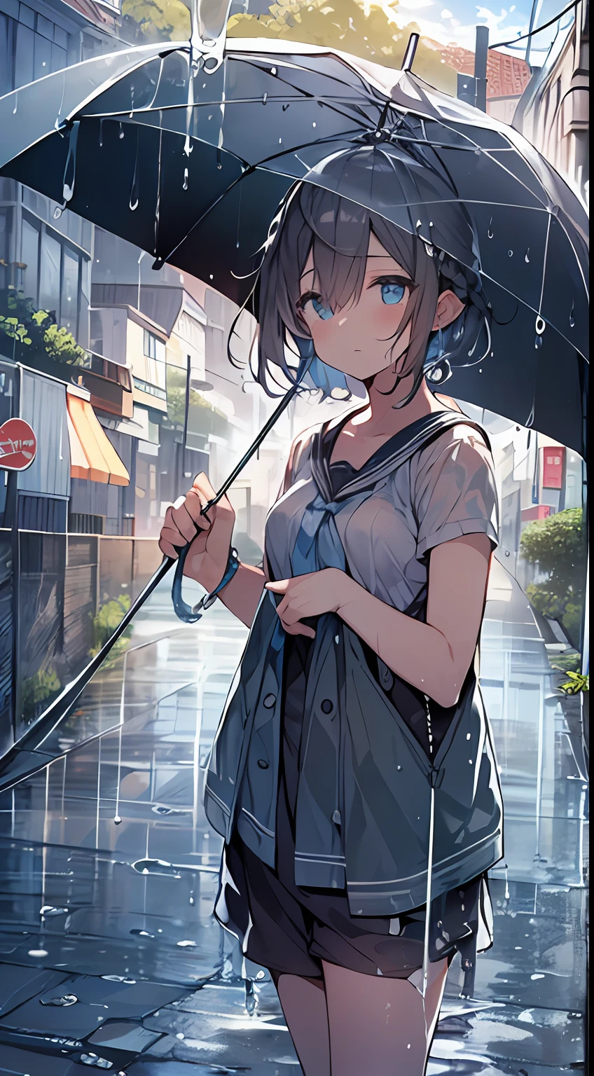 masutepiece, Best Quality,Illustration, Wallpaper, Ultra Detail, absurderes, 1girl in, Solo, (Medium short hair、short braided hair), Beautiful detailed eyes, rainfall、water dripping、wetting hair , Looking to the side, (Street:1.5), Cloudy sky、Bright scenery