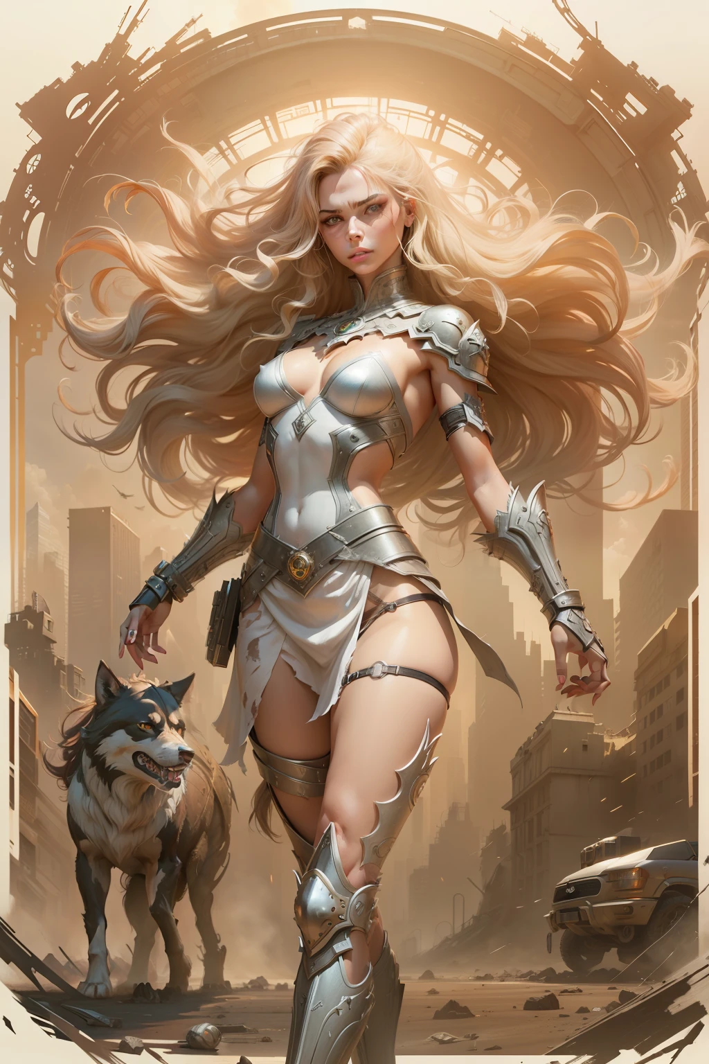 futuristic city tall buildings 3 moons modern cars, intense gaze, anger, a hyper realistic ultra detailed photograph of a futuristic beautiful blonde barbarian woman wearing at a dystopian city, tattered outfit with rusty metal armor plates, natural long wild hair light red tint, tattooed hands and body, fashion pose with a thin muscular athletic four legged dystopian dire wolf, detailed symmetric beautiful hazel eyes with circular iris, detailed gorgeous face, apocalyptic environment, natural body posture, professional photographer, captured with professional DSLR camera, professional fantasy artists, professional rococo and baroque background artists, professional artstation and cgsociety artists, professional official art artists, rococo and baroque,64k,ultra detailed, ultra attractive beautiful,ultra accurate detailed, ultra attractive lighting, ultra unreal engine, by TanvirTamim, intricate, epic, trending on artstation, by artgerm, h. r. giger and beksinski, highly detailed, vibr