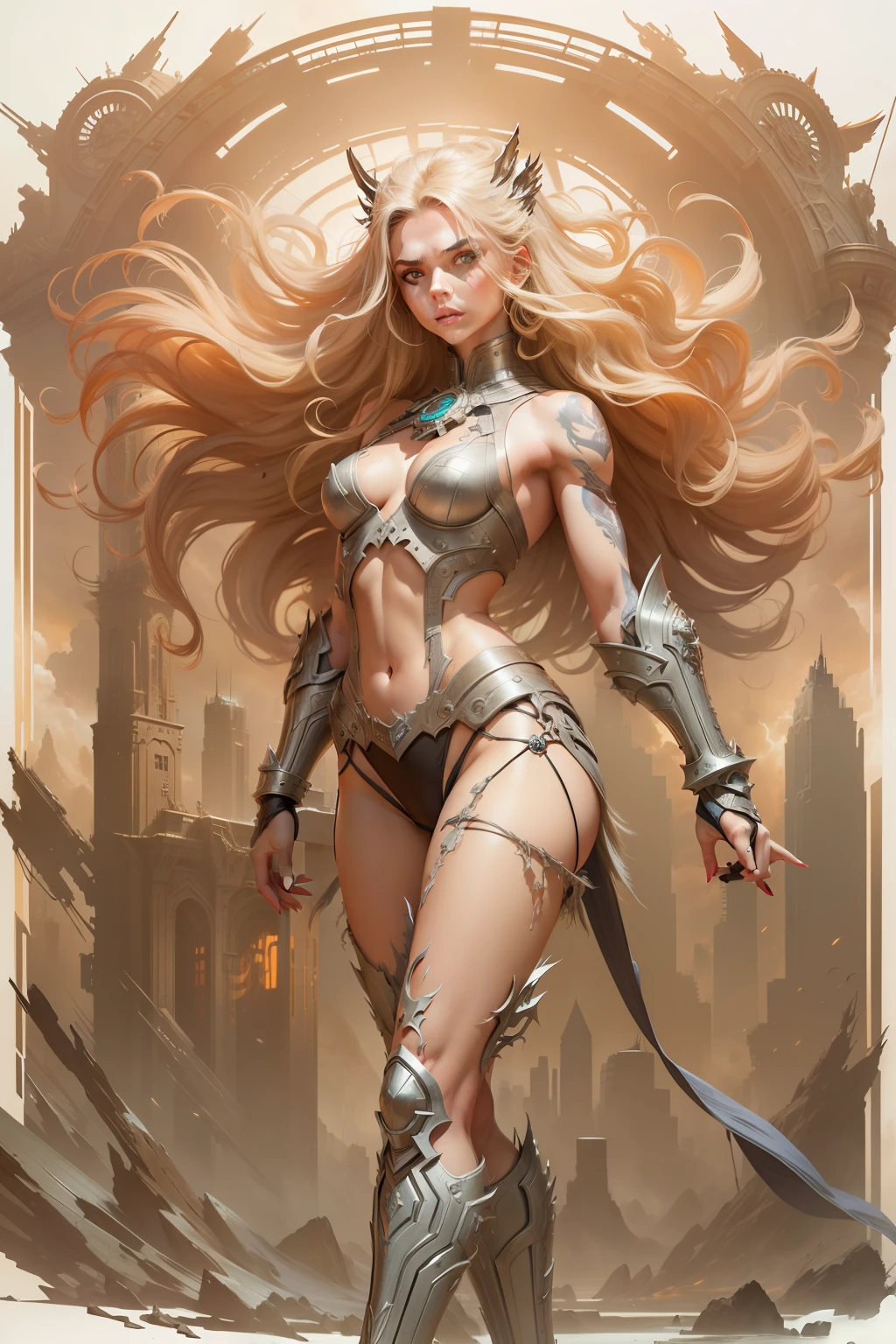 futuristic city tall buildings 3 moons modern cars, intense gaze, anger, a hyper realistic ultra detailed photograph of a futuristic beautiful blonde barbarian woman wearing at a dystopian city, tattered outfit with rusty metal armor plates, natural long wild hair light red tint, tattooed hands and body, fashion pose with a thin muscular athletic four legged dystopian dire wolf, detailed symmetric beautiful hazel eyes with circular iris, detailed gorgeous face, apocalyptic environment, natural body posture, professional photographer, captured with professional DSLR camera, professional fantasy artists, professional rococo and baroque background artists, professional artstation and cgsociety artists, professional official art artists, rococo and baroque,64k,ultra detailed, ultra attractive beautiful,ultra accurate detailed, ultra attractive lighting, ultra unreal engine, by TanvirTamim, intricate, epic, trending on artstation, by artgerm, h. r. giger and beksinski, highly detailed, vibr