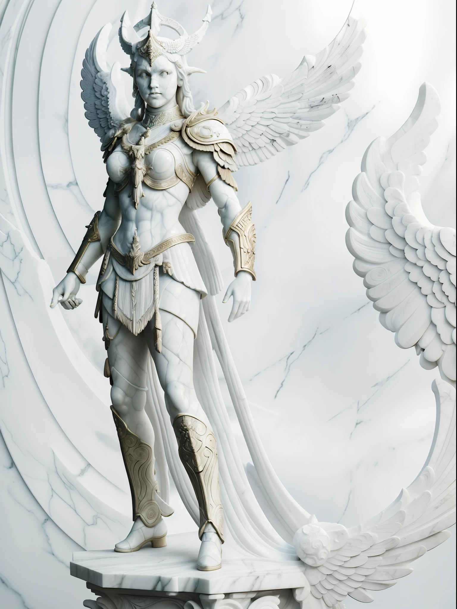 (masterpiece:1.3),(top-quality),( 8K, 4K), (Intricate details),reallistic,((Realistic white marble statue of Valkyrie:1.2)),Wearing full-body armor,neutral background,sullenness,art gallery,Photorealsitic,Cinematic scenes,ultra-detailliert,A hyper-realistic,realistic shadow、Museum lighting
