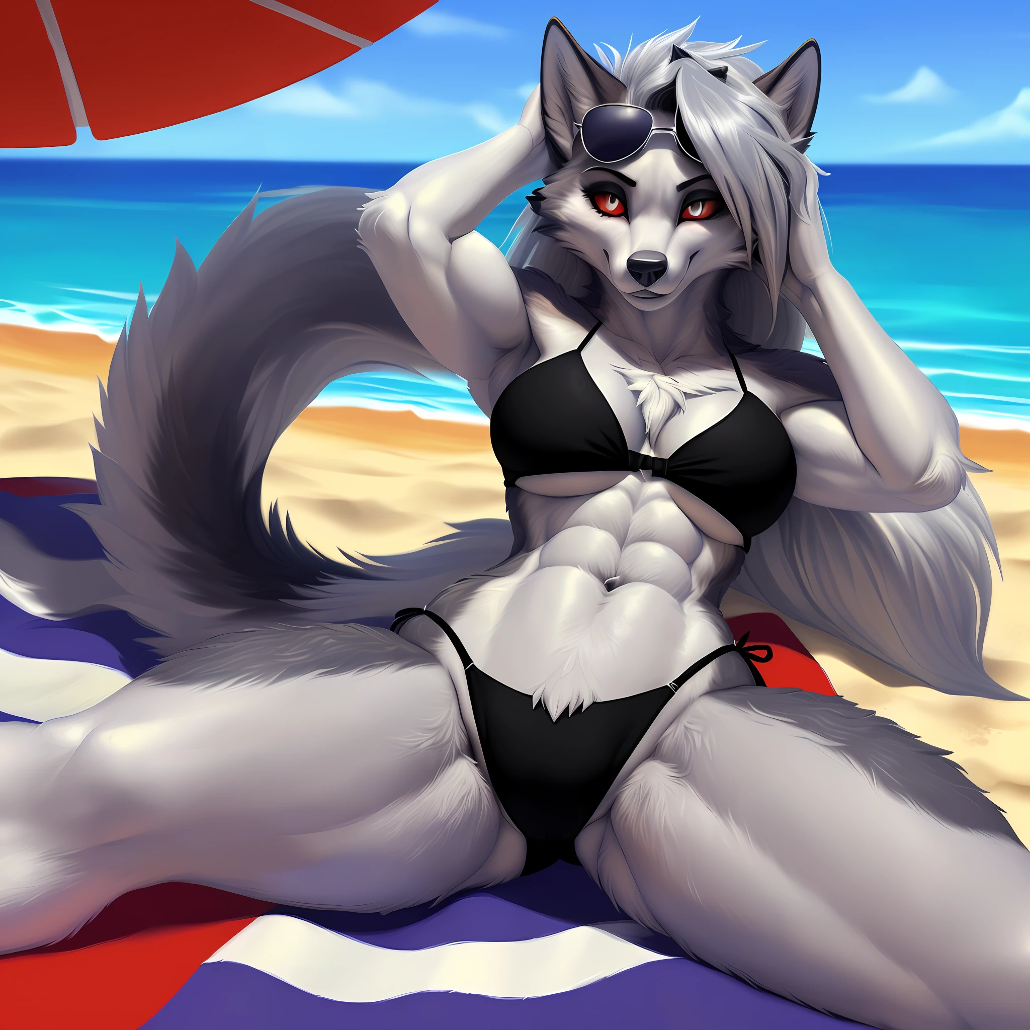 [Loona], [Uploaded to e621.net; (Foxovh), (Pixelsketcher), (mayosplash], ((masterpiece)), ((solo portrait)), ((furry; antrho wolf girl)), ((detailed fur)), ((detailed shading)), ((beautiful 2D art)), ((front view)), {anthro wolf; (grey fur, white belly), (fluffy wolf tail), (red sclera white iris eyes; black eye shadow, red heart shaped sunglasses), (long light grey spiky hair; side bang covering LEFT eye, smug grin, small boobs, (cleavage), (black bikini) (camel toe), (defined abs), (defined leg muscles)}, {(laying on beach towel), (hand on head), (legs spread open)}, [background; (beach), (glistening ocean), (sunny), sunny cloudless sky)]