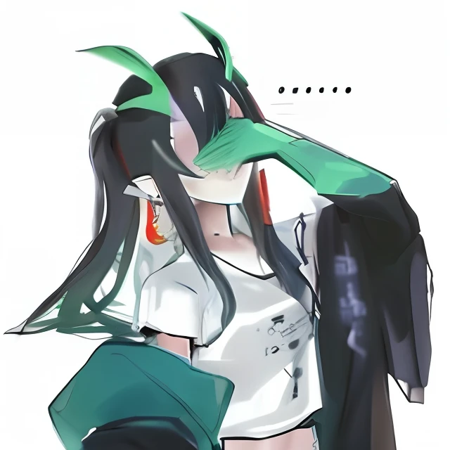 Long black hair and green gloves anime girl, But covered her face with his hands, Akali, 2 d anime style, By hand, Irelia, From Arknights, High quality anime art style, in an anime style, 2022 anime style,Ark of Tomorrow,