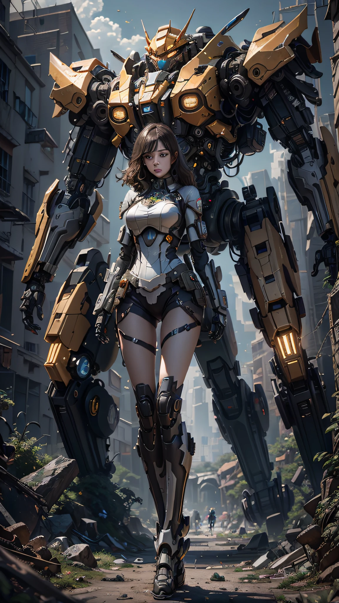 ((Best quality)), ((masterpiece)), (highly detailed:1.3), 3D,Shitu-mecha, beautiful cyberpunk women with her mecha in the ruins of city from a forgoten war, ancient technology,HDR (High Dynamic Range),Ray Tracing,NVIDIA RTX,Super-Resolution,Unreal 5,Subsurface scattering,PBR Texturing,Post-processing,Anisotropic Filtering,Depth-of-field,Maximum clarity and sharpness,Multi-layered textures,Albedo and Specular maps,Surface shading,Accurate simulation of light-material interaction,Perfect proportions,Octane Render,Two-tone lighting,Low ISO,White balance,Rule of thirds,Wide aperature,8K RAW,Efficient Sub-Pixel,sub-pixel convolution,luminescent particles,light scattering,Tyndall effect