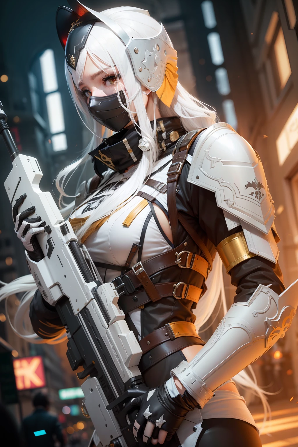 Girl, realistic, long hair, masked, white hair