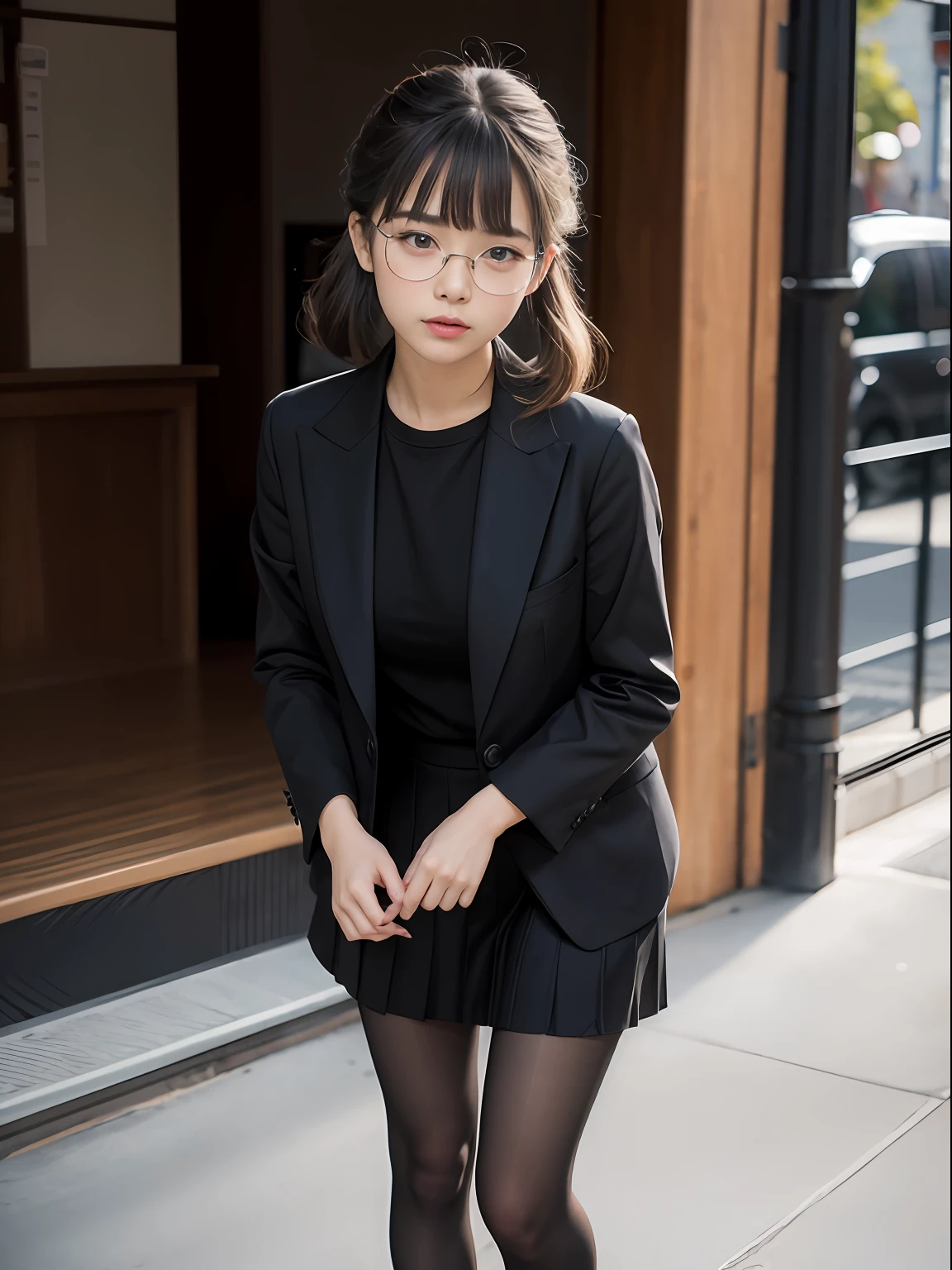 (8K、Raw photography、top-quality、masterpiece:1.2),Black jacke,Black skirt,OL,Suits,Black pantyhose,absurderes,a small face,small tits,flat breast,Parting the bangs from the middle、Forehead visible,(Tight eyes,Bullish,skinny,Rasping,irate)、masterpiece,top-quality、超A high resolution,Raw photo,ren,Beautiful fece,One Person, 独奏,eye glass,,Dark look,Small breasts,fullllbody,Round glasses、cute little、A Japanese Lady,is standing,(Tight eyes,Bullish,skinny,Rasping,irate,small tits,flat breast)、(Photorealsitic:1.37)、Photon mapping,Realistic、Cute little face,Brown-eyed、Black socks,Radio City、Physically Based Rendering、Foreground、depth of fields、Blurry background、a picture,The girls、Body, Long legs, Thin leg,poneyTail,(Bangs are visible), hair,nosesoft, Knees are visible,Sheer clothing,, Thigh, Black cotton socks,Nogizaka Idol, 女優, Japanese ido