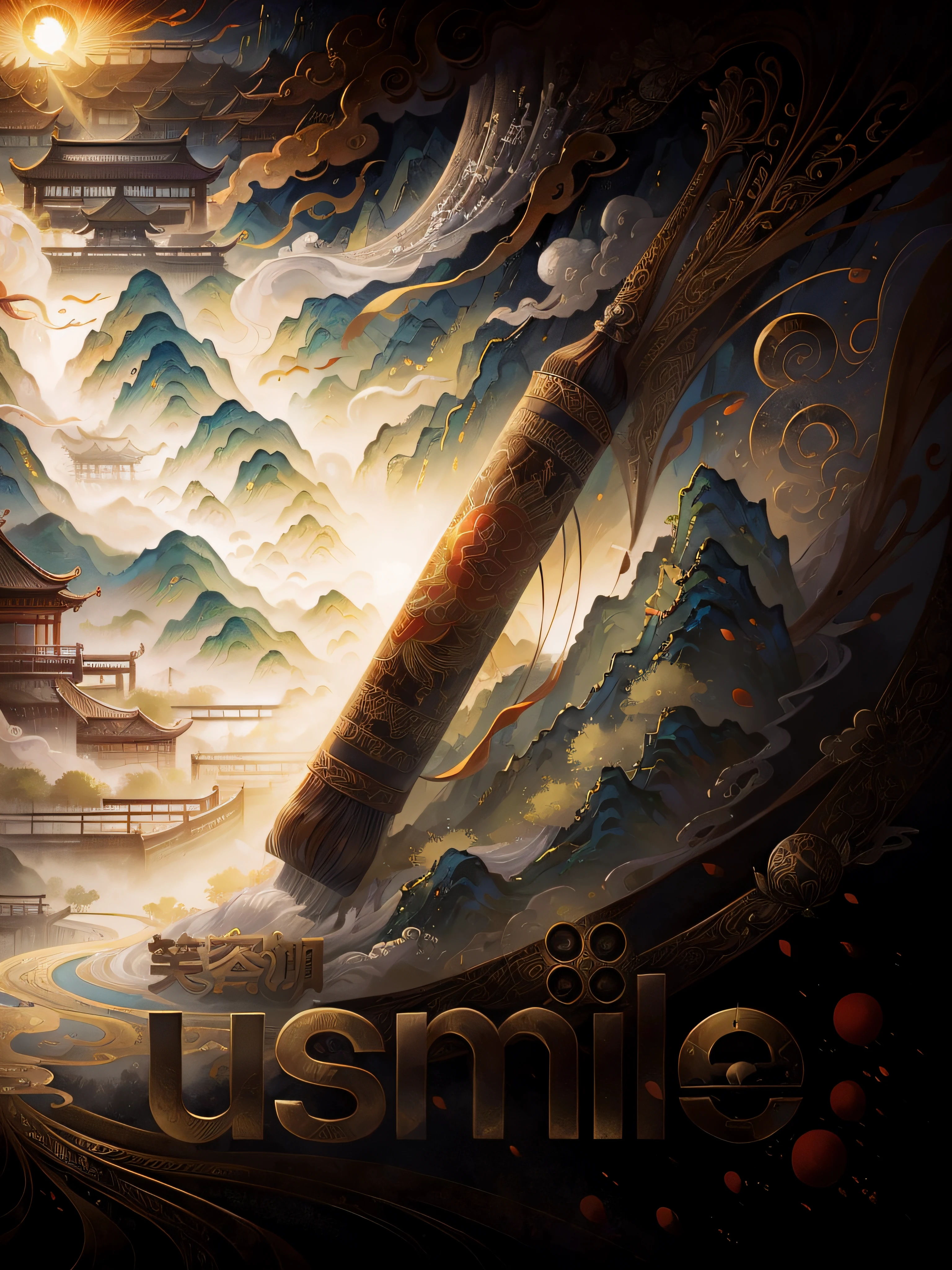 chinese wind mountains, river, auspicious clouds, pavilions, sunlight, masterpiece, super detail, epic composition, ultra hd, high quality, extremely detailed, official art, unified 8k wallpaper, super detail, 32k
