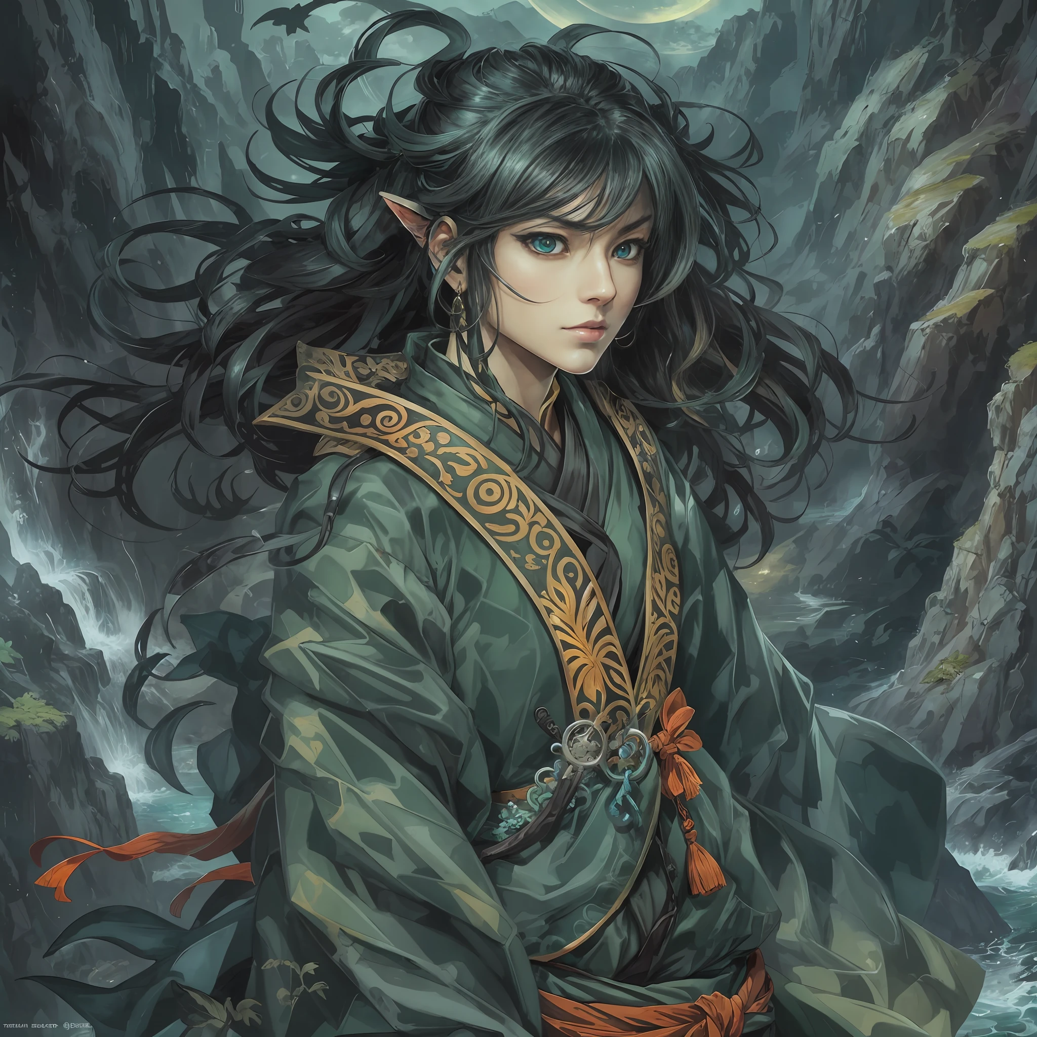 mystic ninja，Detailed face，Detailed eyes，Clear eyes，Gui Zen，Exotic beasts of mountains and seas，Dark green and black details, Loose and thick clothing covers the body，standing on cliff，Bask in the luxury of Yoshitaka Amano in the moonlight，fanciful，sci-fy，the complex background（full bodyesbian），((dynamicposes))，Colorful wallpapers，Highly detailed，Masterpiece，best qualtiy，art  stations