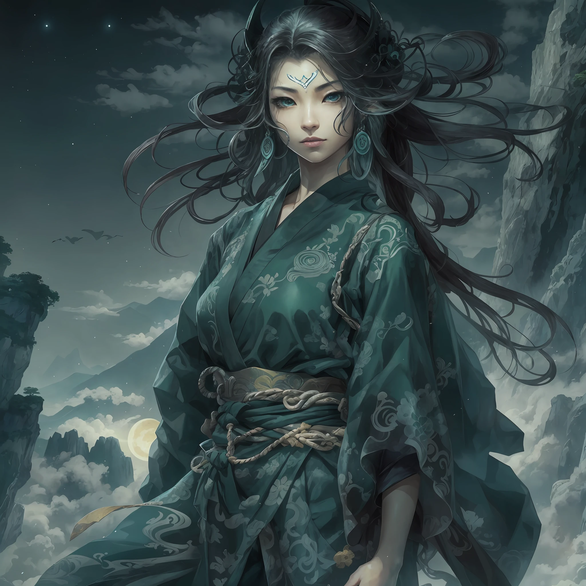 mystic ninja，Detailed face，Detailed eyes，Clear eyes，Gui Zen，Exotic beasts of mountains and seas，Dark green and black details, Loose and thick clothing covers the body，standing on cliff，Bask in the luxury of Yoshitaka Amano in the moonlight，fanciful，sci-fy，the complex background（full bodyesbian），((dynamicposes))，Colorful wallpapers，Highly detailed，Masterpiece，best qualtiy，art  stations