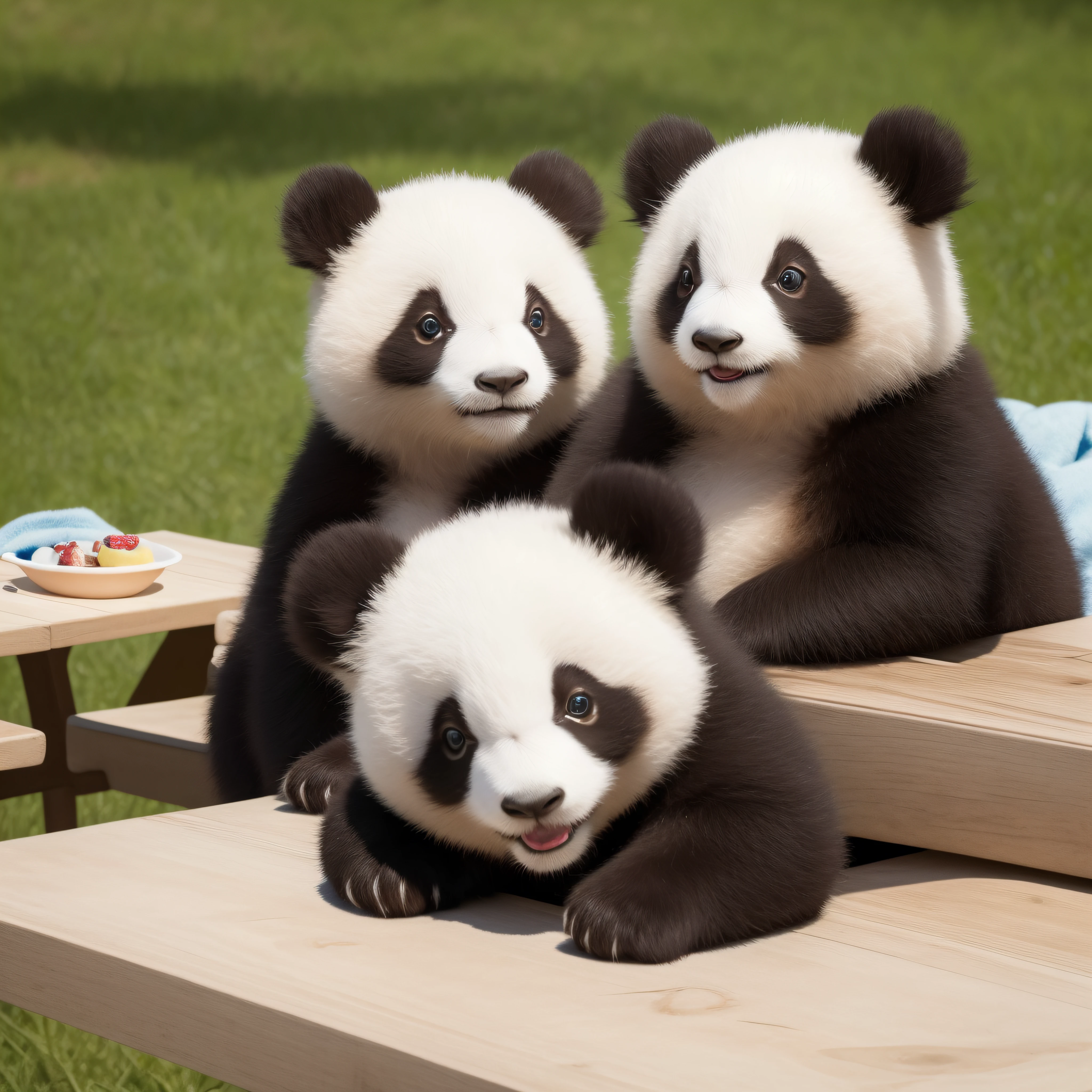 8K, masterpiece, best quality, photo realistic, ultra-detailed, pandas playing around picnic table, smiling