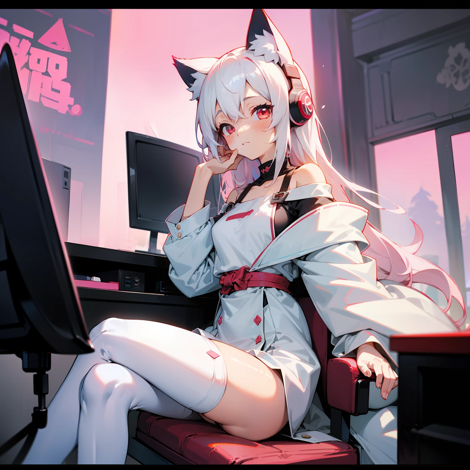 ((best qualtiy)), Beautiful portrait of a genki girl,Sweet girl,White hair,red color eyes,Japanese anime,adolable,Anime figure,show legs,expose feet,without wearing shoes,There is a computer on the desk,Recline on a black gaming chair,Wear cat ear headphones,Facial shyness,White off-the-shoulder coat,flower pots,The overall environment is pink style,Otaku girl,At home,Black transparent stockings,Don't appear too legy,white clothes