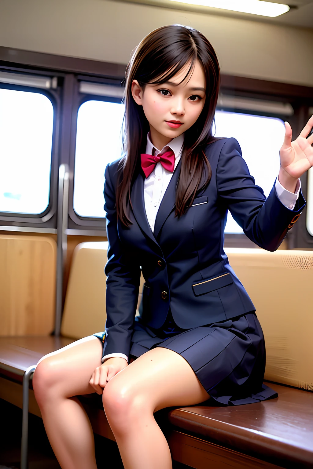 Low angle shot,arafed asian woman in a short skirt and bow tie sitting on a train, cute schoolgirl, japanese girl school uniform, wearing japanese school uniform, japanese school uniform, a hyperrealistic schoolgirl, dressed as schoolgirl, hyperrealistic schoolgirl, wearing school uniform, realistic schoolgirl, girl wearing uniform, wearing a school uniform, of a schoolgirl posing, full body, nice skin, glowing skin, nice thighs,glowing thigh, glowing legs
