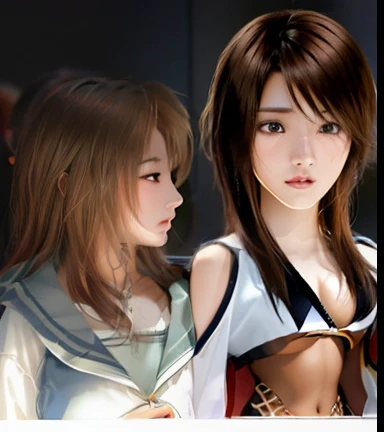 Two women standing next to each other in a dark room, Kasumi Arimura Style 3/4, inspired by Ayami Kojima, inspired by Leng Mei, inspired by Tsubasa Nakai, inspired by Li Mei-shu, Game CG, anime realism, Anime Realism Style, 3 d anime realistic, with same hairstyle, real life anime girl