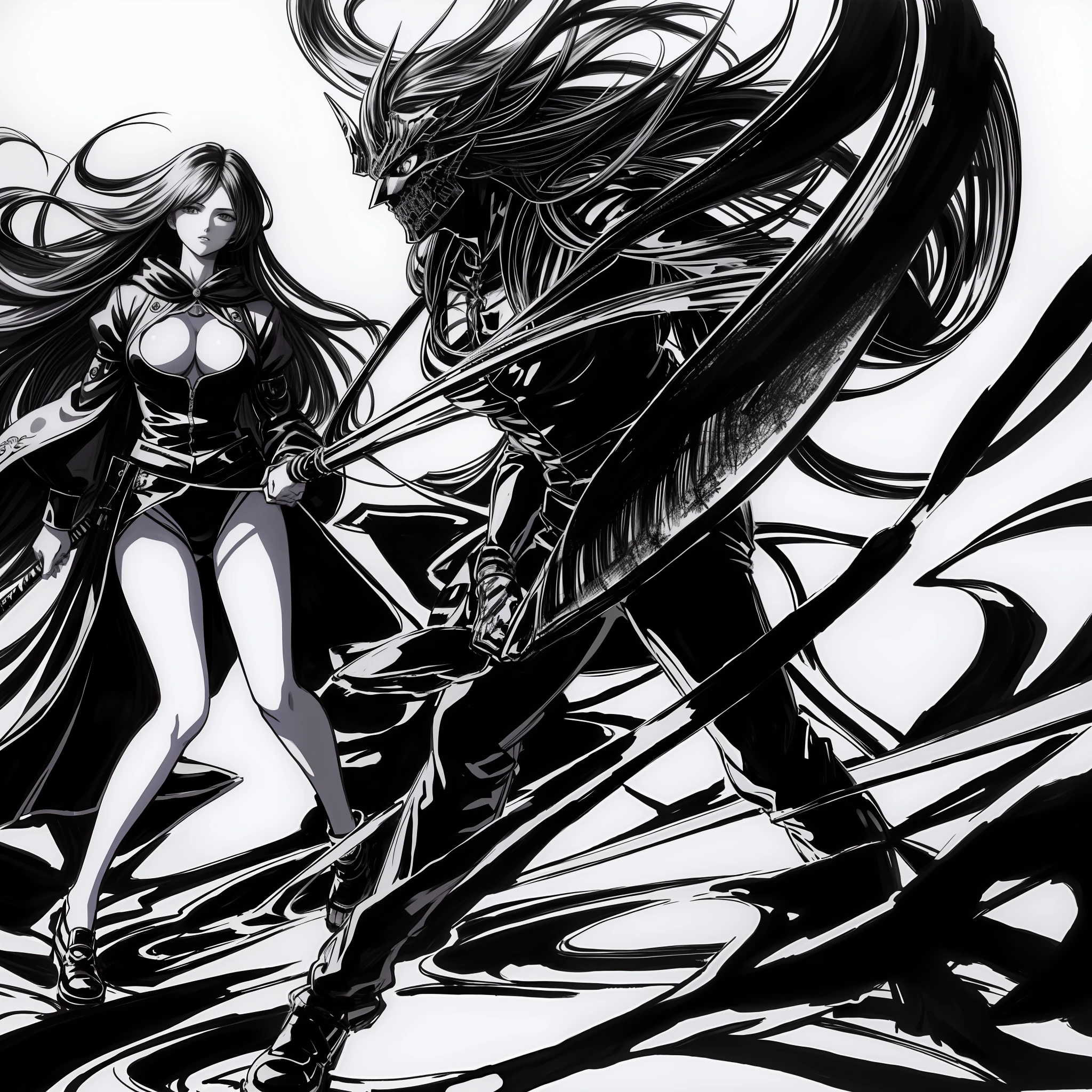 Anime masterpiece, a drawing of a woman with long hair and long hair, beauty in demon killer art, perfect anime body, long legs, big breasts, full body movement, 4K manga wallpaper, full body fighting pose, realistic light and shadow, beautiful line art, strong line art, ink art, brush art, Kentaro Miura manga art style, his manga full body portrait, Kentaro Miura's manga style, Shigeri Aishima illustration, highly detailed fine doujin art, Detailed comic style