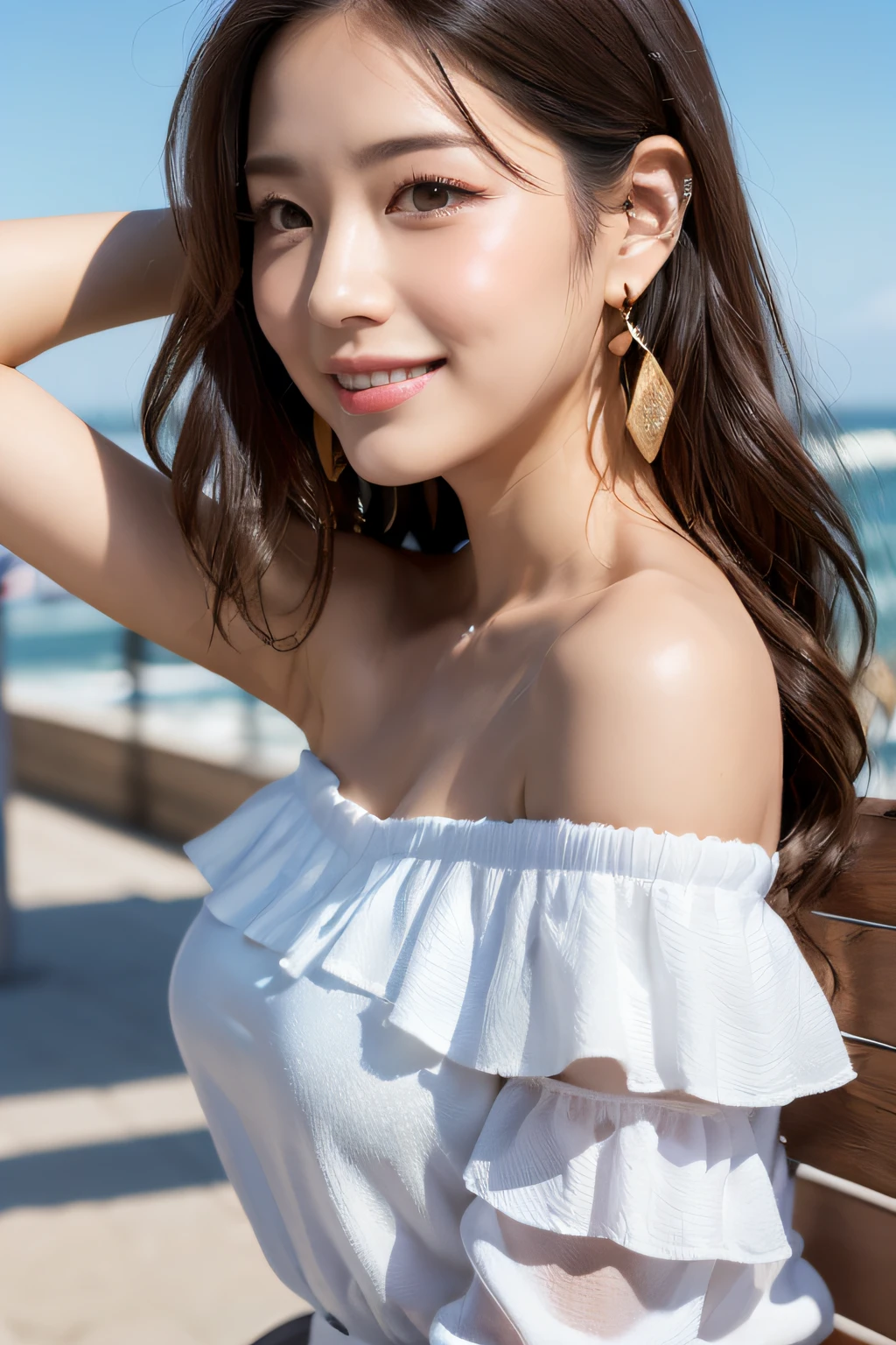 (masterpiece:1.3), high resolution, ultra detailed, extremely detailed CG unity 8k wallpaper, realistic, photo-realistic, RAW photo, beautiful detailed face, pale skin, realistic glistening skin, detailed cloth texture, detailed hair texture, Perfect Style, Beautiful Face, accurate, Anatomically correct, Highly detailed face and skin texture, natural neck length, (thin and beautiful fingers),
BREAK,
Detailed eyes, symmetric eyes, Brown eyes, Double eyelids, Thin eyebrows, (Glossy lips:1.4), (embarrassed smile:1.1)
BREAK,
((Innocent and Cute girl:1.3)), ((wearing a off-shoulder White blouse:1.4)), (beautiful clavicle), (Gold strings belt), (skinny pants:1.2), (cross strap high heels:1.2),
(necklace, bracelet), ((clutch bag over shoulder, large hoop earrings, pinky ring:1.2)), (beautiful blue nails)
BREAK,
Layered Hairstyle, (brown hair:1.2), (wavy hair:1.2), medium long hair,
(large breasts, firm breast, nicely shaped breasts:1.1),
BREAK,
(Sitting on the bench in wide seaside street), ((armpits:1.4)), (looking sideway:1.2)
BREAK,
(Cowboy shot:1.2), (Focus on her profile:1.2), (from side:1.1),