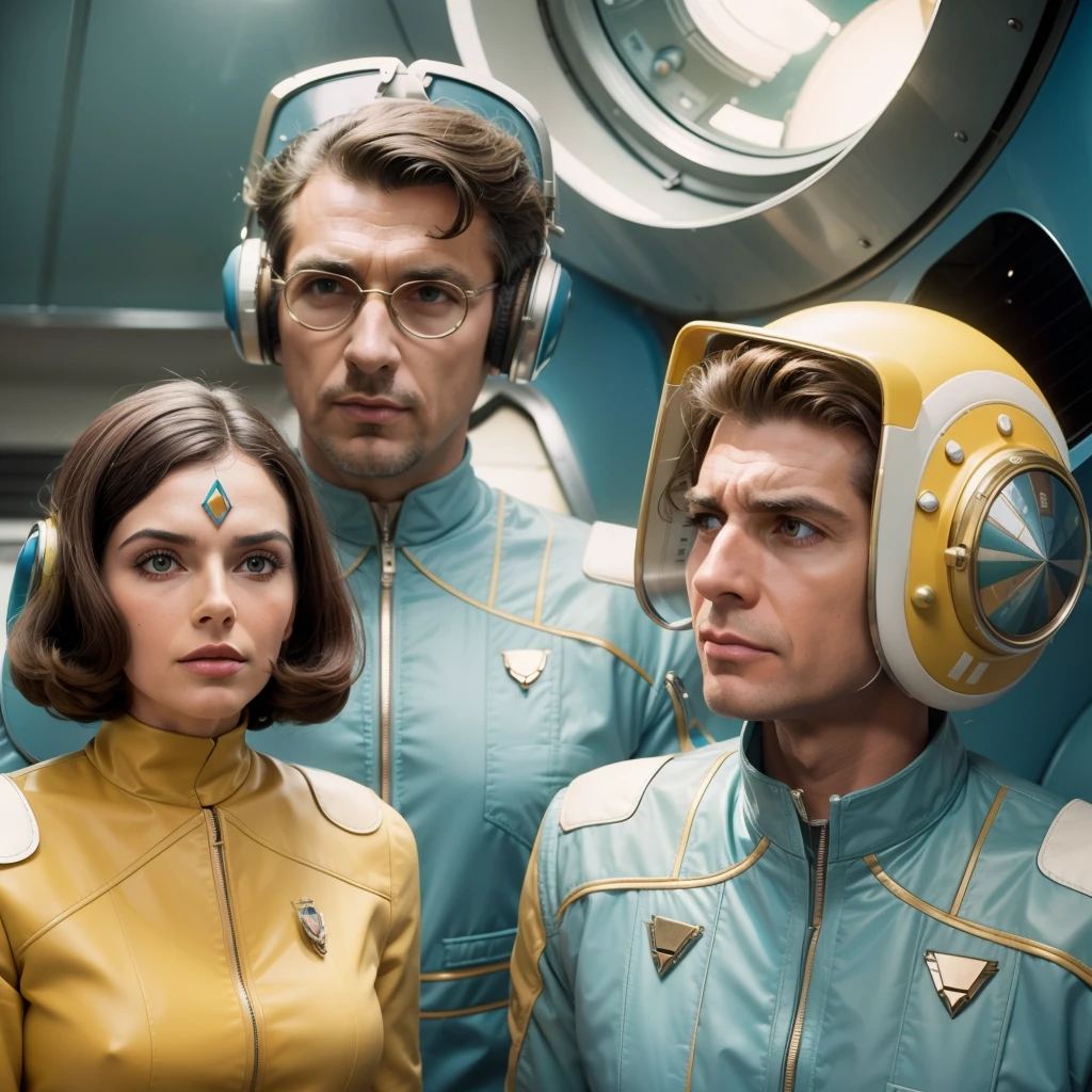 4k image from a 1960s science fiction film by Wes Anderson, Filme O Grande Hotel Budapeste, pastels colors, A man and a woman wearing retrofuturistic alien masks and holding colorful suitcases and chests on the bus, Retro-futuristic fashion clothes from the 60s with old robots, Luz Natural, Psicodelia, futurista estranho, retro-futurista, photo-realistic, Sharp background details.