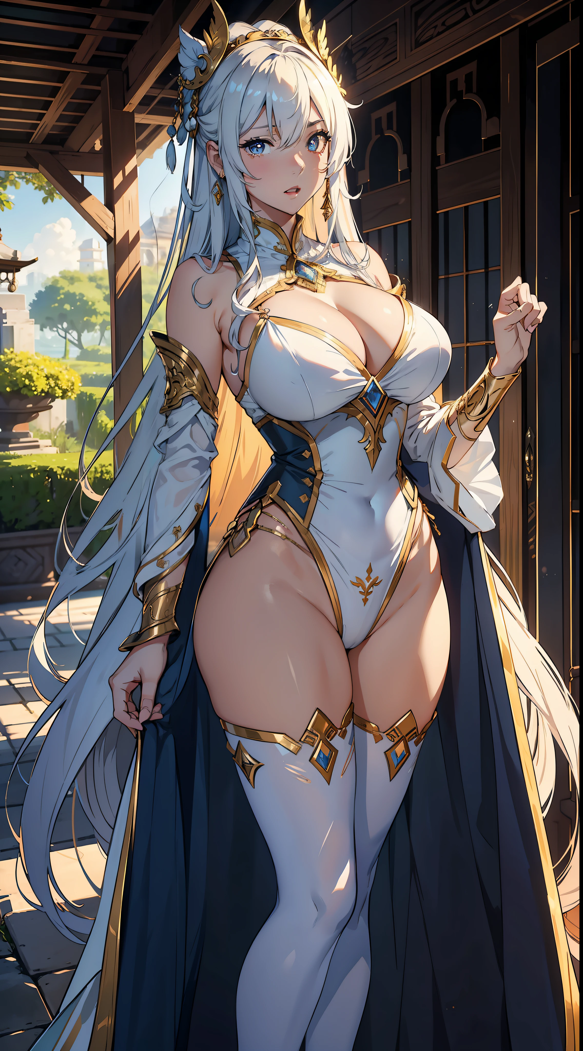 1female,aged 40,Huge breasts, 独奏, african princess, trpical garden,palaces,White transparent court costume, Skysky,the night, She has long flowing hair, exposed bare shoulders, standing on your feet,Bigchest, From the front side, hair straight, mostly cloudy sky,(((tmasterpiece),(Very detailed CG unity 8K wallpaper),best qualtiy,cinmatic lighting,detailed back ground,beatiful detailed eyes,Bright pupils,(Very fine and beautiful),(Beautiful and detailed eye description),ultra - detailed,tmasterpiece,)),facing at camera,absurderes,A high resolution,ultra - detailed),mature,Very long hair,legs are open,Emotive expressions,Open-mouthed,Chest sagging,nakeness,Camel toes,extremely large bosom,Colorful,Most detailed,fully body photo,The face is well lit