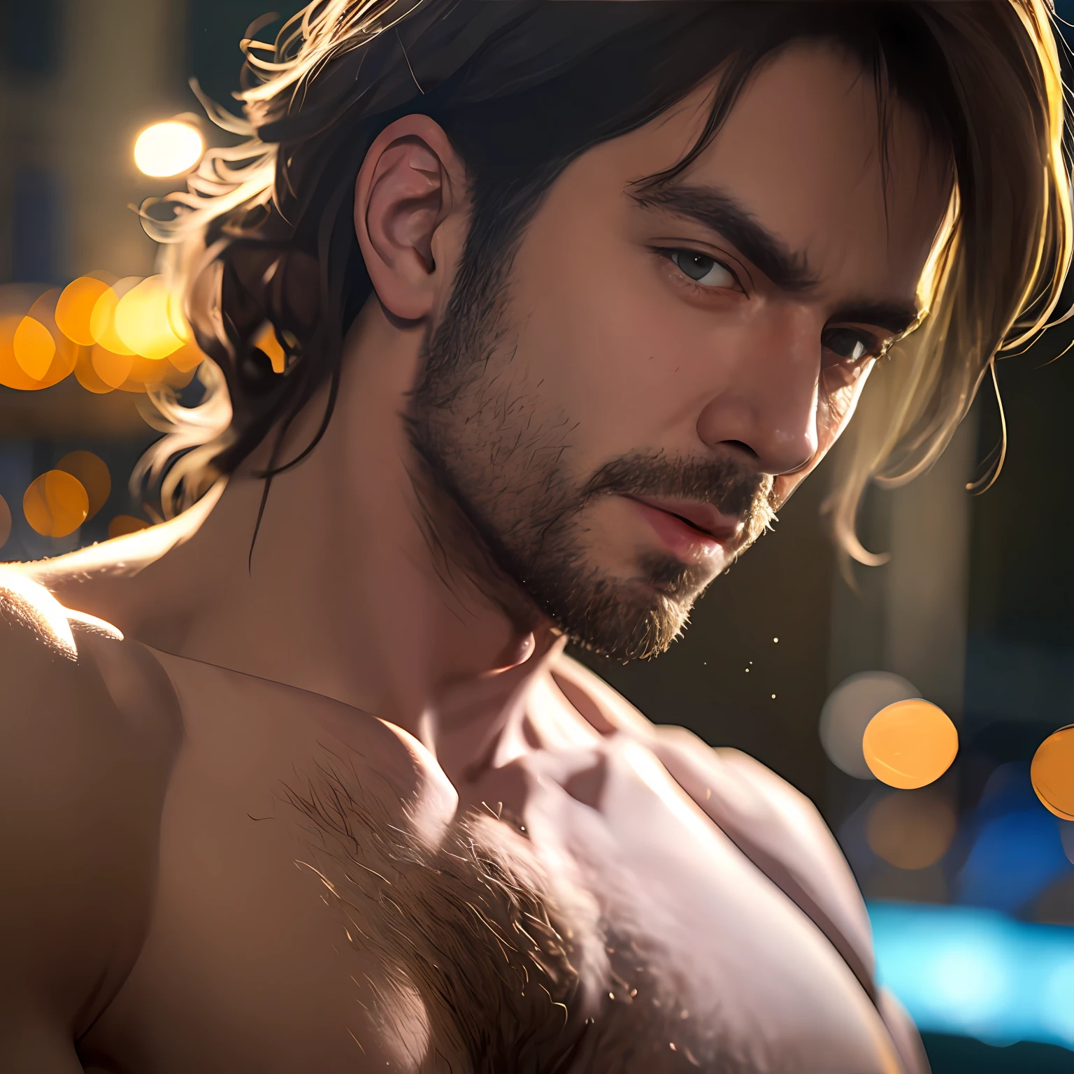 masterpiece, best quality, close-up portait, handsome shirtless scruffy daddy, (bokeh), realistic, dramatic lighting, atmospheric, intricate detail