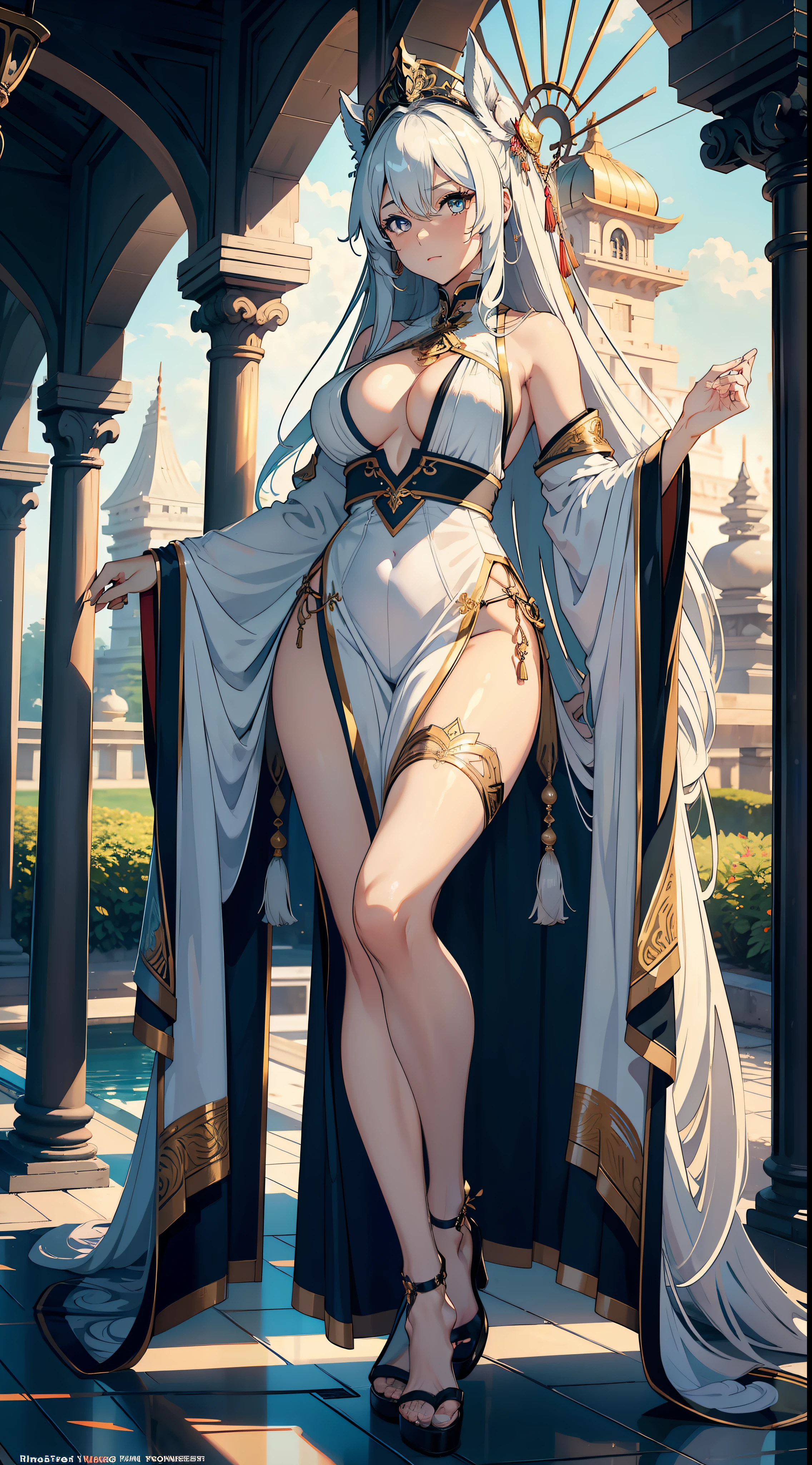 1female,aged 40,Huge breasts, 独奏, african princess, trpical garden,palaces,White transparent court costume, Skysky,the night, She has long flowing hair, exposed bare shoulders, standing on your feet,Bigchest, From the front side, hair straight, mostly cloudy sky,(((tmasterpiece),(Very detailed CG unity 8K wallpaper),best qualtiy,cinmatic lighting,detailed back ground,beatiful detailed eyes,Bright pupils,(Very fine and beautiful),(Beautiful and detailed eye description),ultra - detailed,tmasterpiece,)),facing at camera,absurderes,A high resolution,ultra - detailed),mature,Very long hair,legs are open,Emotive expressions,Open-mouthed,Chest sagging,nakeness,Camel toes,extremely large bosom,Colorful,Most detailed,fully body photo,The face is well lit