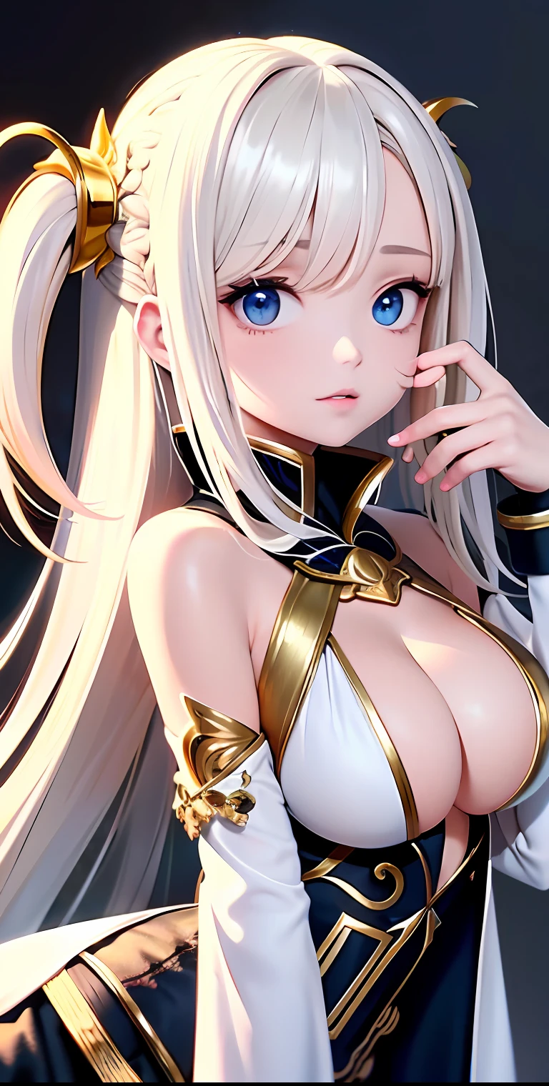 Need,tmasterpiece,whaite hair,Golden eyes,Manteau blanc,Look up,The upper part of the body,Hairline,Fair skin,SideBraid，Bigboobs