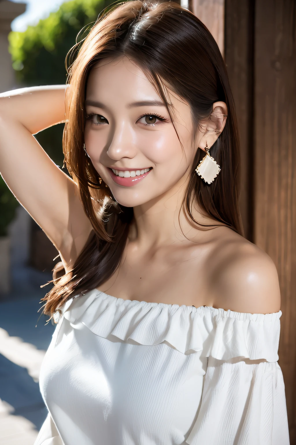 (masterpiece:1.3), high resolution, ultra detailed, extremely detailed CG unity 8k wallpaper, realistic, photo-realistic, RAW photo, beautiful detailed face, pale skin, realistic glistening skin, detailed cloth texture, detailed hair texture, Perfect Style, Beautiful Face, accurate, Anatomically correct, Highly detailed face and skin texture, natural neck length, (thin and beautiful fingers),
BREAK,
Detailed eyes, symmetric eyes, Brown eyes, Double eyelids, Thin eyebrows, (Glossy lips:1.4), (embarrassed smile:1.1)
BREAK,
((Innocent and Cute girl:1.3)), ((wearing a off-shoulder White blouse:1.4)), (beautiful clavicle), (Gold strings belt), (denim pants:1.2), (cross strap high heels:1.2),
(necklace, bracelet), ((clutch bag over shoulder, large hoop earrings, pinky ring:1.2)), (beautiful blue nails)
BREAK,
Layered Hairstyle, (brown hair:1.2), (wavy hair:1.2), medium long hair,
(large breasts, firm breast, nicely shaped breasts:1.1),
BREAK,
(Sitting on the bench in wide seaside street), ((Sexy pose with Showing armpits:1.4)), (looking sideway:1.2)
BREAK,
(Cowboy shot:1.2), (Focus on her profile:1.2), (from side:1.1),