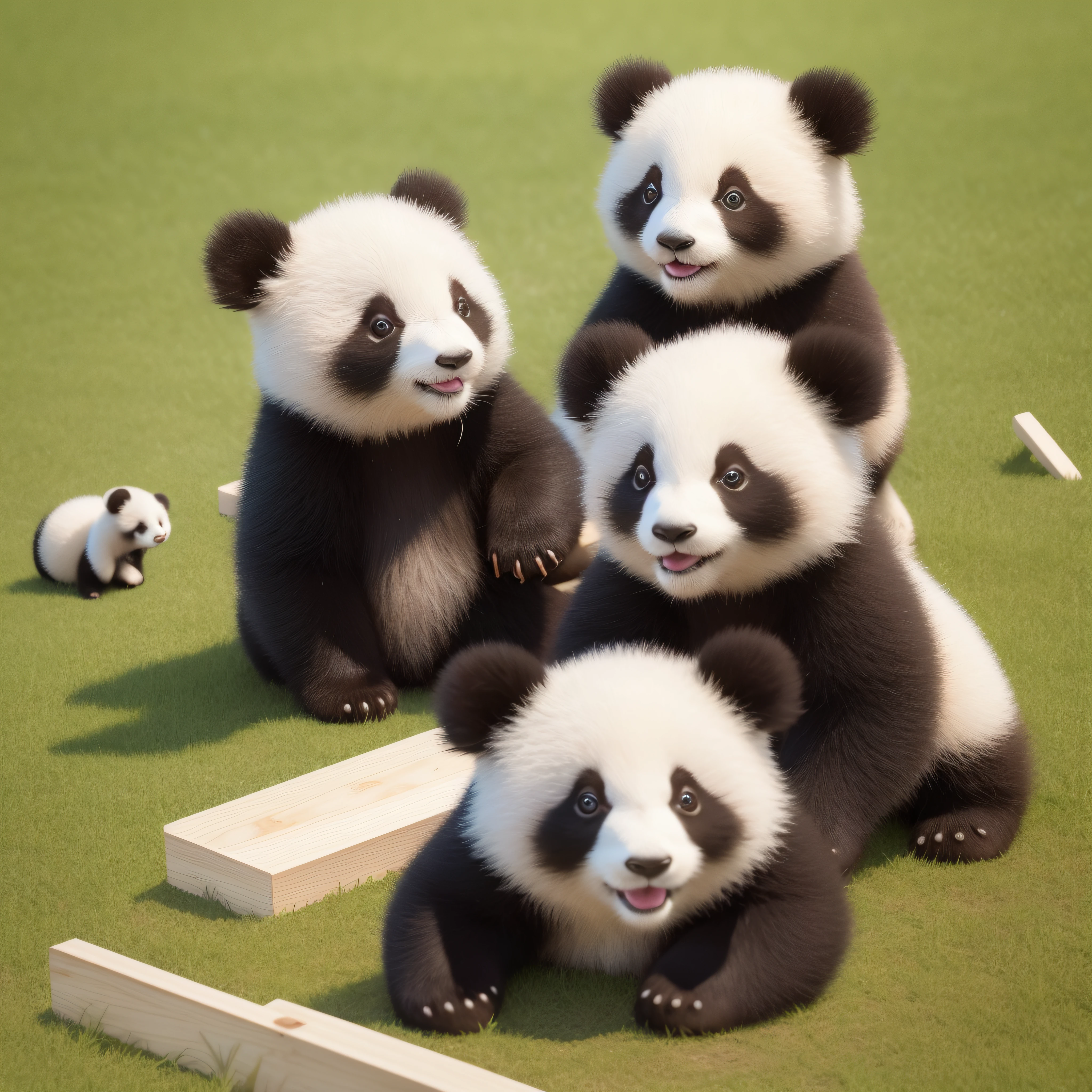 8K, masterpiece, best quality, photo realistic, ultra-detailed, very cute smiling pandas playing on wooden playground on grass