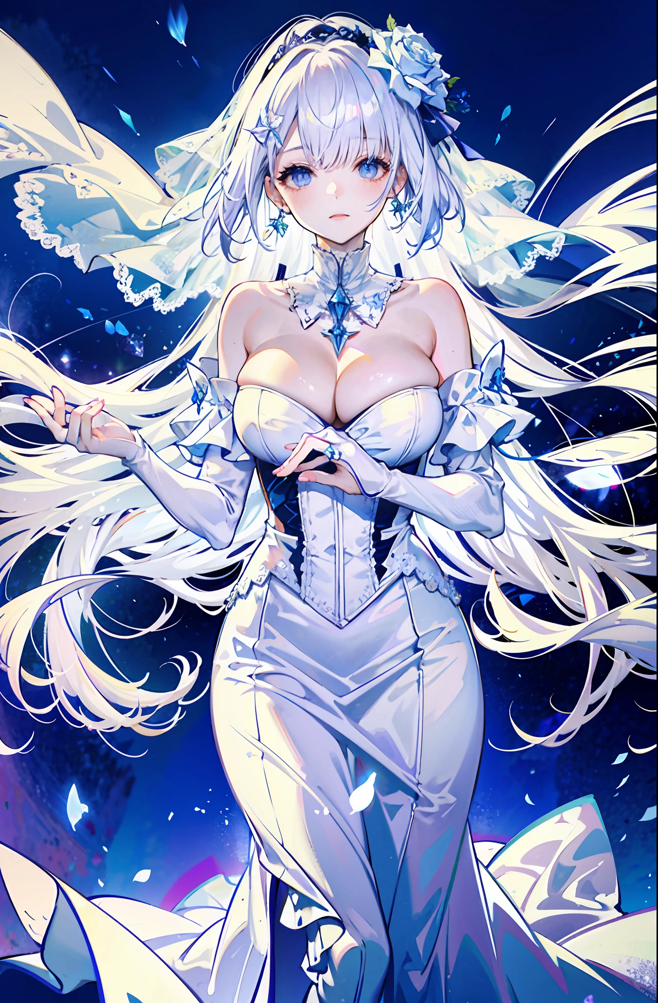 silber hair，butterflys，long whitr hair，white wedding gown，8k wallpaper，detailedbackground，Highest high resolution，deep v big breasts，Hair covers one eye，Bandeau wedding dress，chies，White rose，tight-fitting，chies，In the daytime，